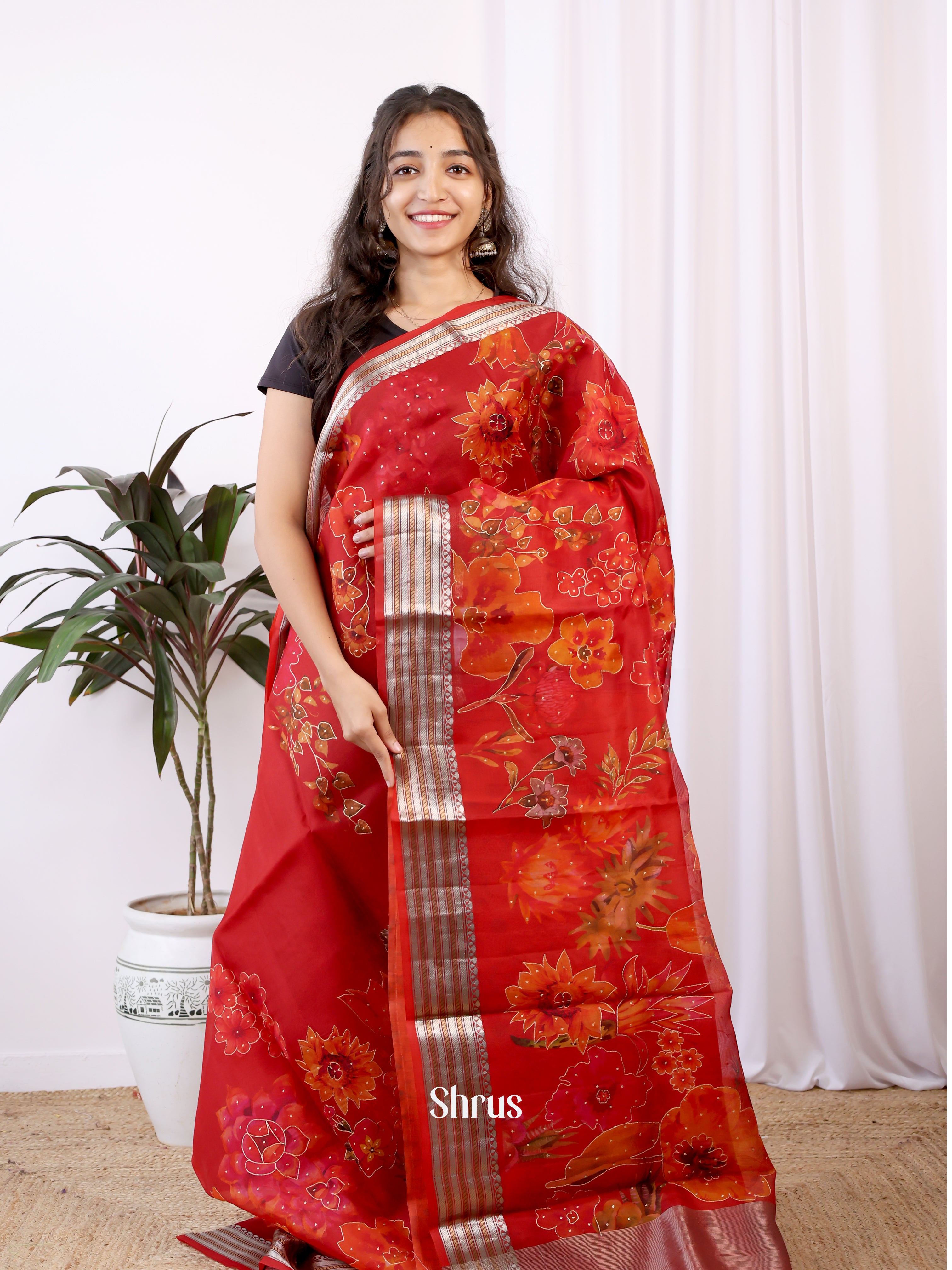 Red(Single Tone)- Organza Saree - Shop on Shrus.com