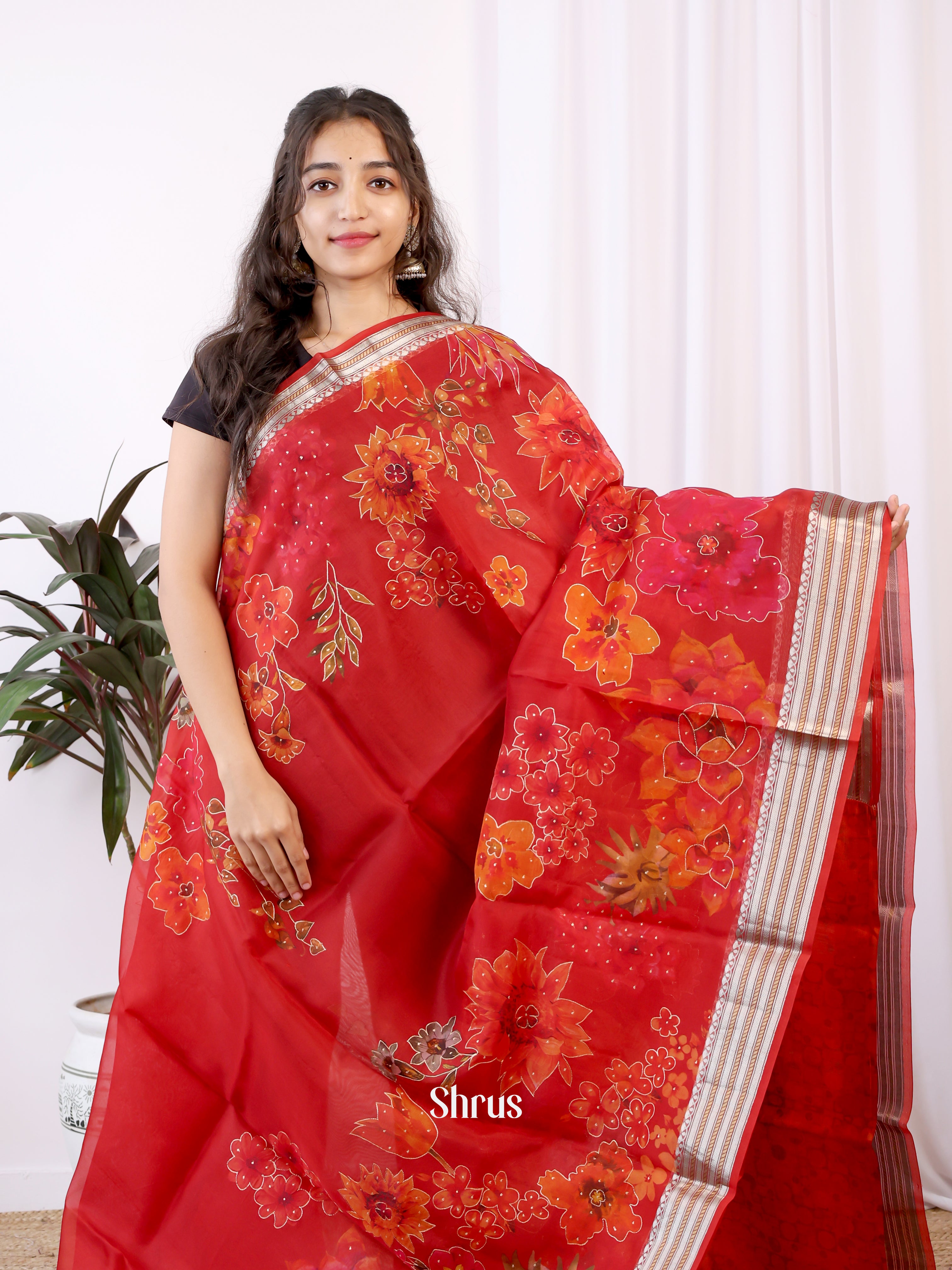 Red(Single Tone)- Organza Saree - Shop on Shrus.com