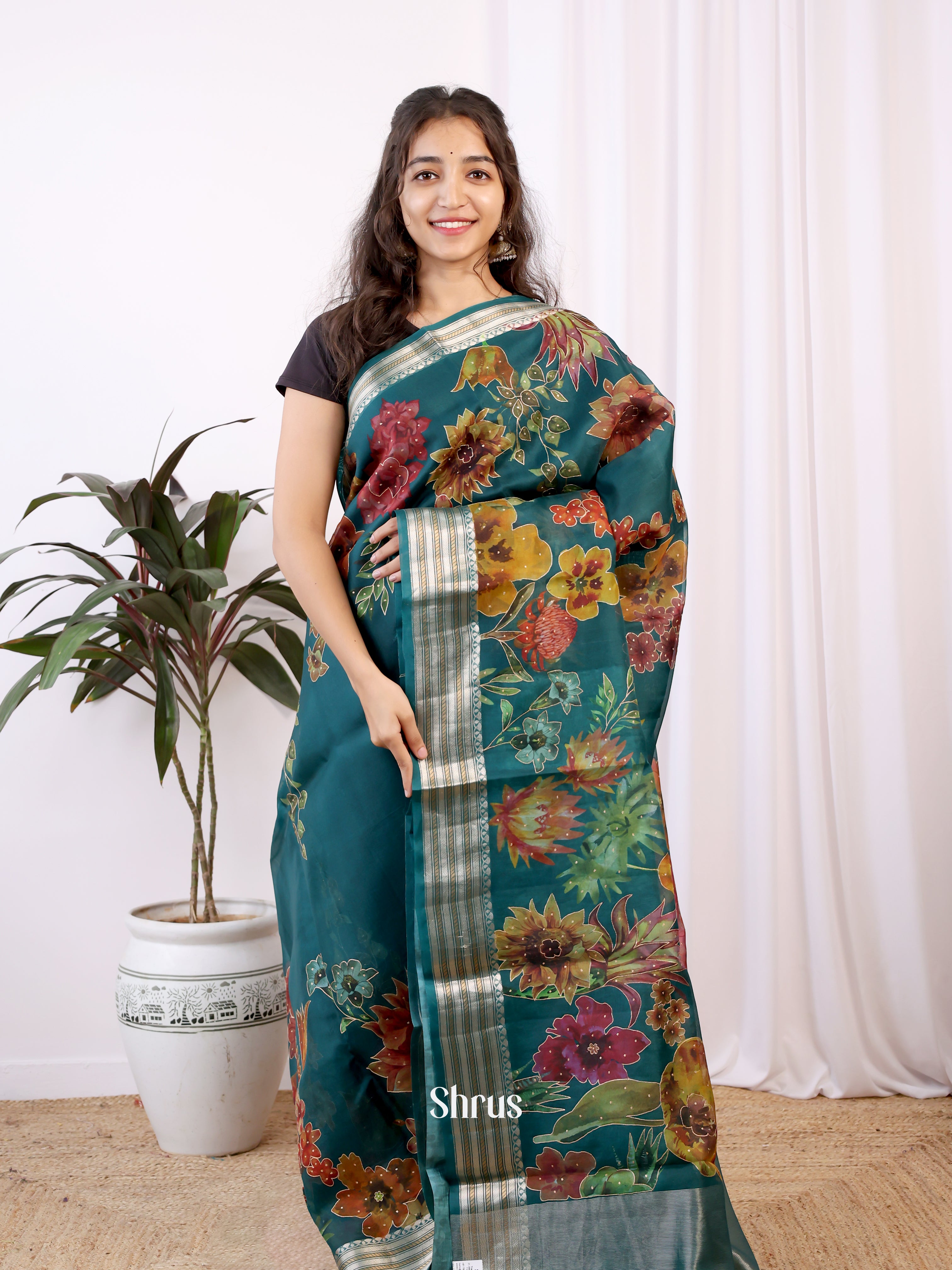 Blue (Single Tone) - Organza Saree - Shop on Shrus.com