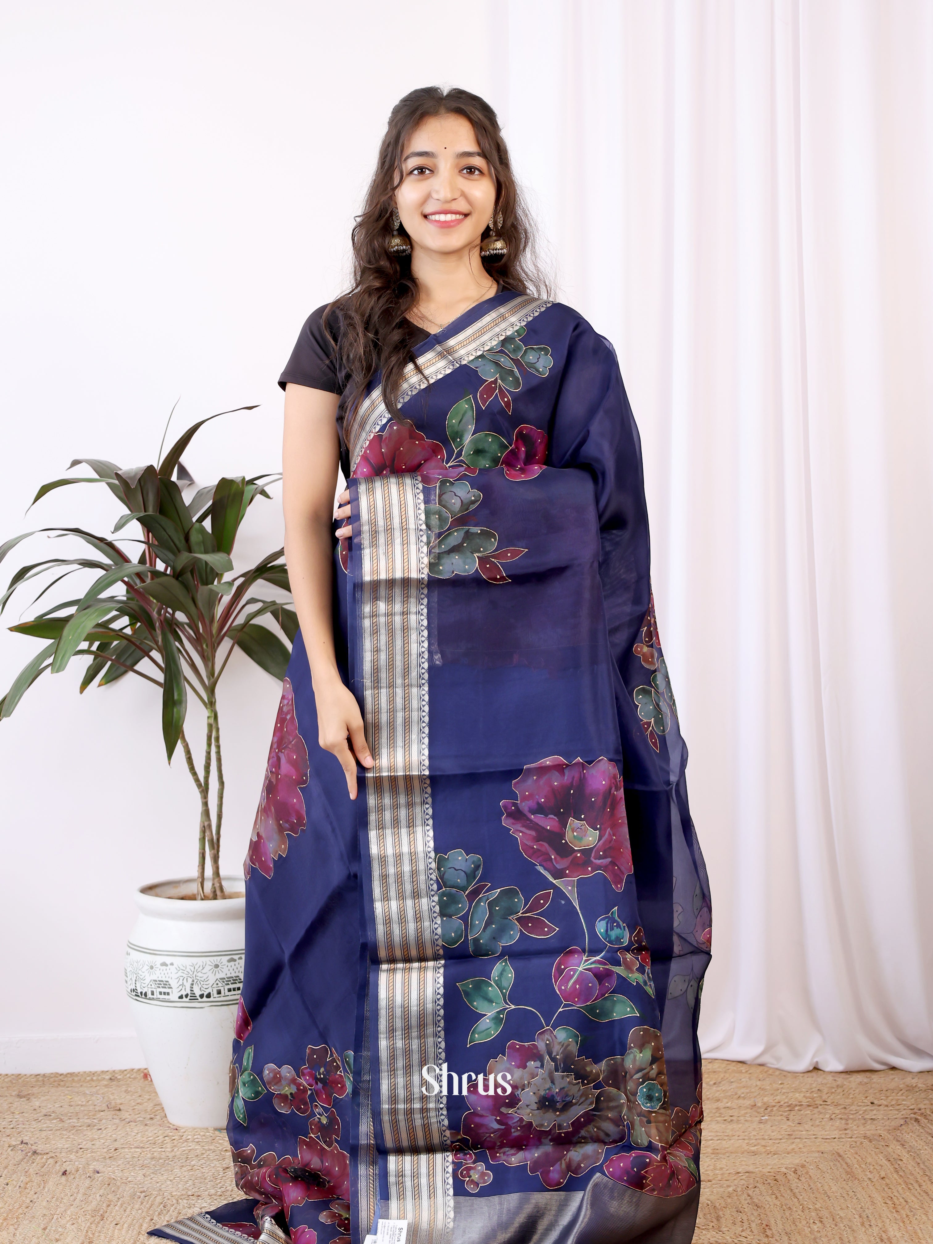 Blue(Single Tone) - Organza Saree - Shop on Shrus.com