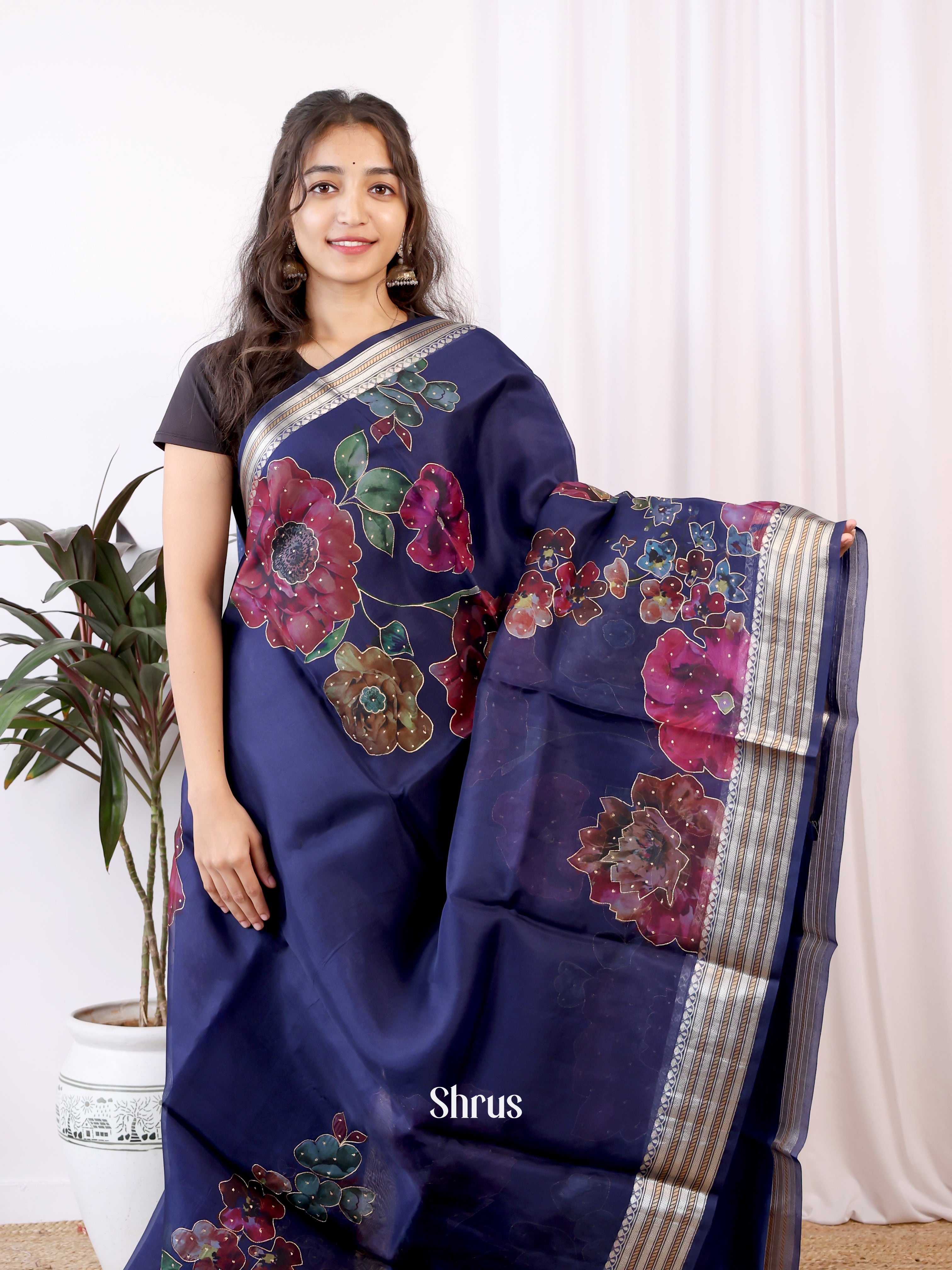 Blue(Single Tone) - Organza Saree - Shop on Shrus.com