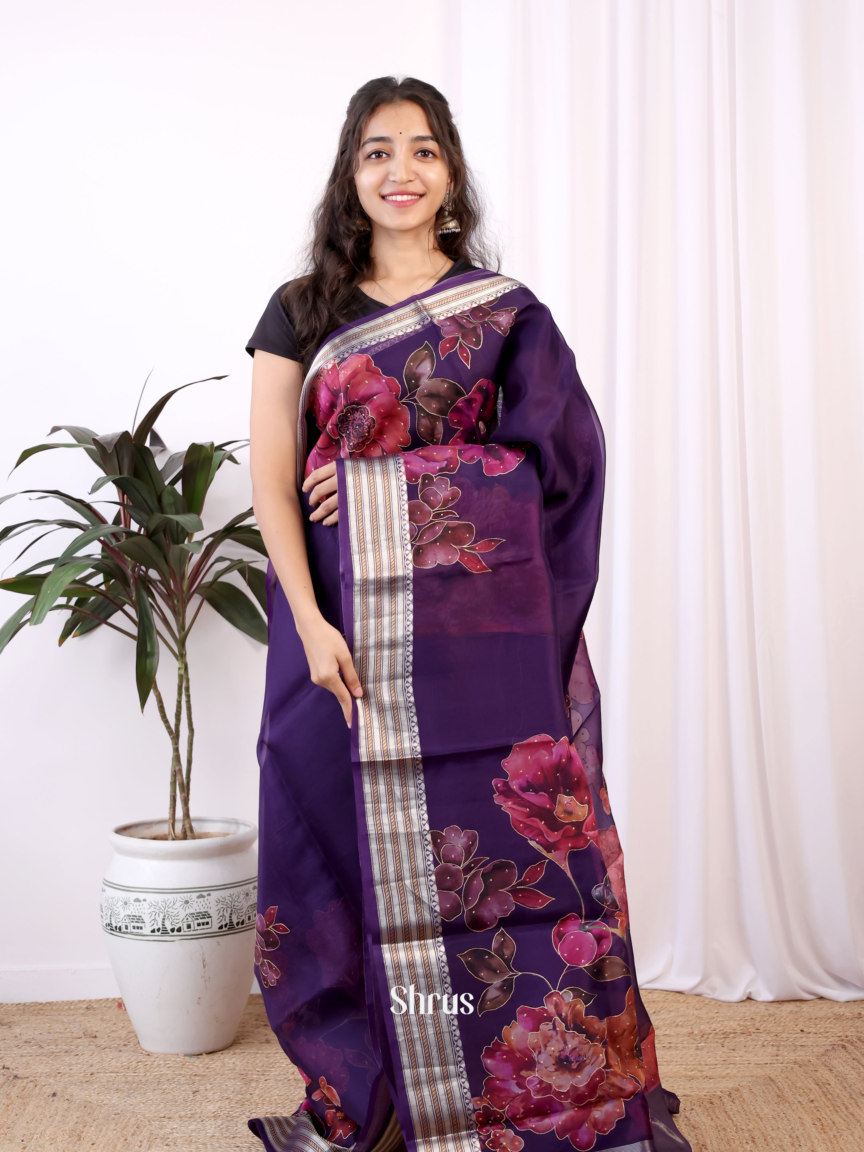 Violet(Single Tone) - Organza Saree - Shop on Shrus.com