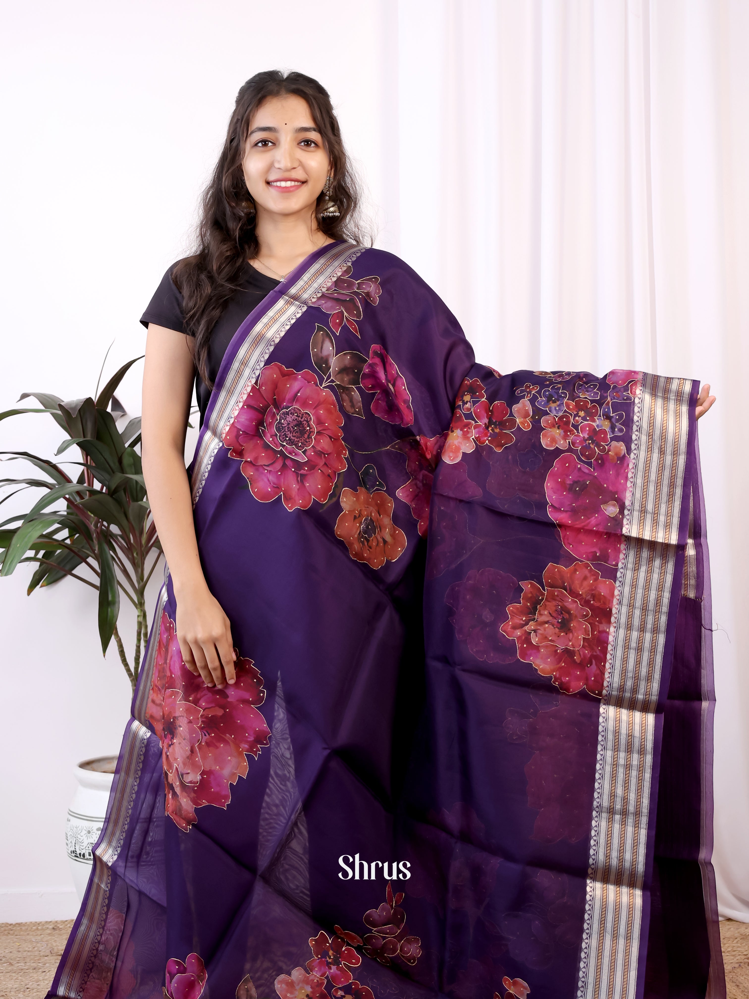 Violet(Single Tone) - Organza Saree - Shop on Shrus.com