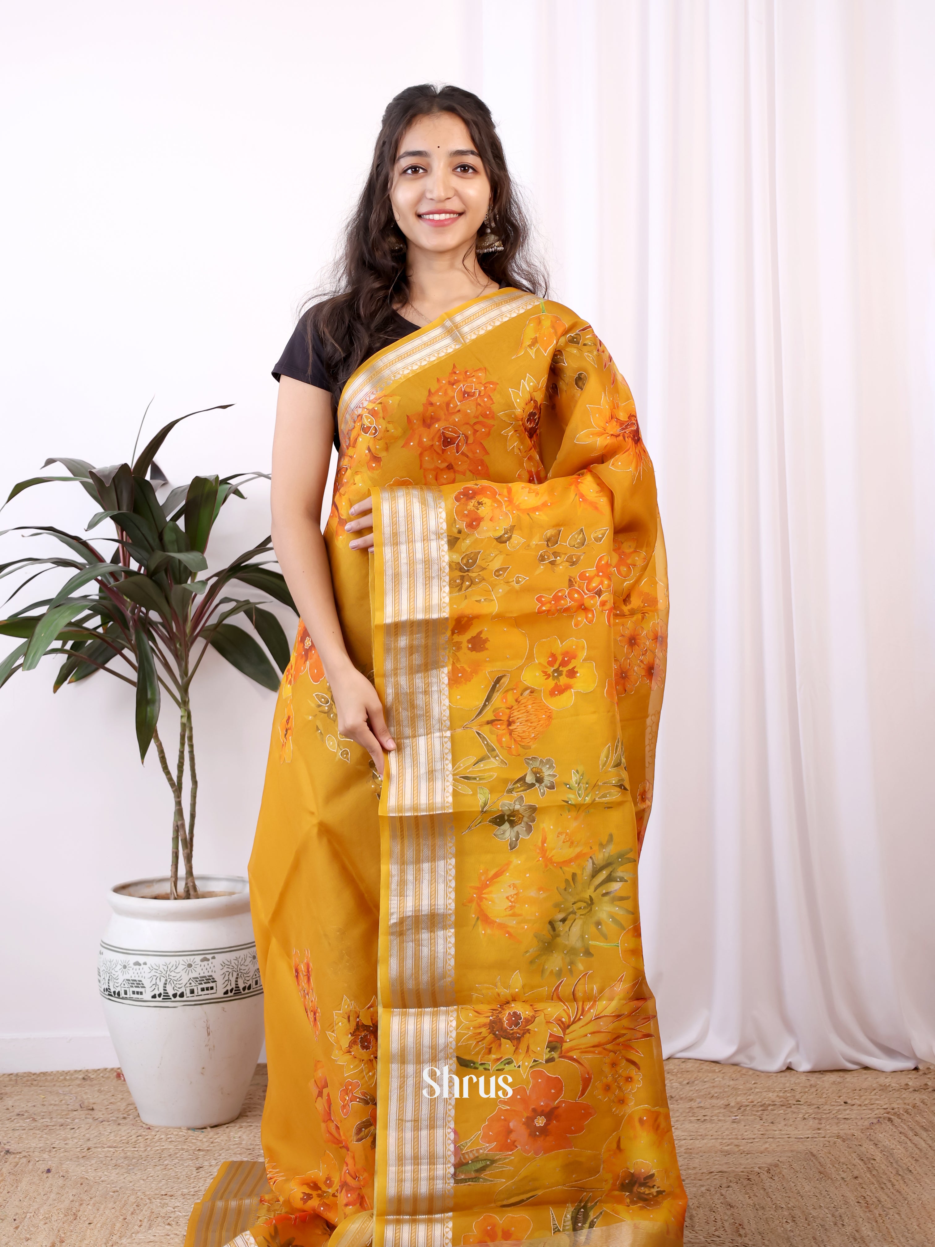 Mustard(Single Tone)- Organza Saree - Shop on Shrus.com
