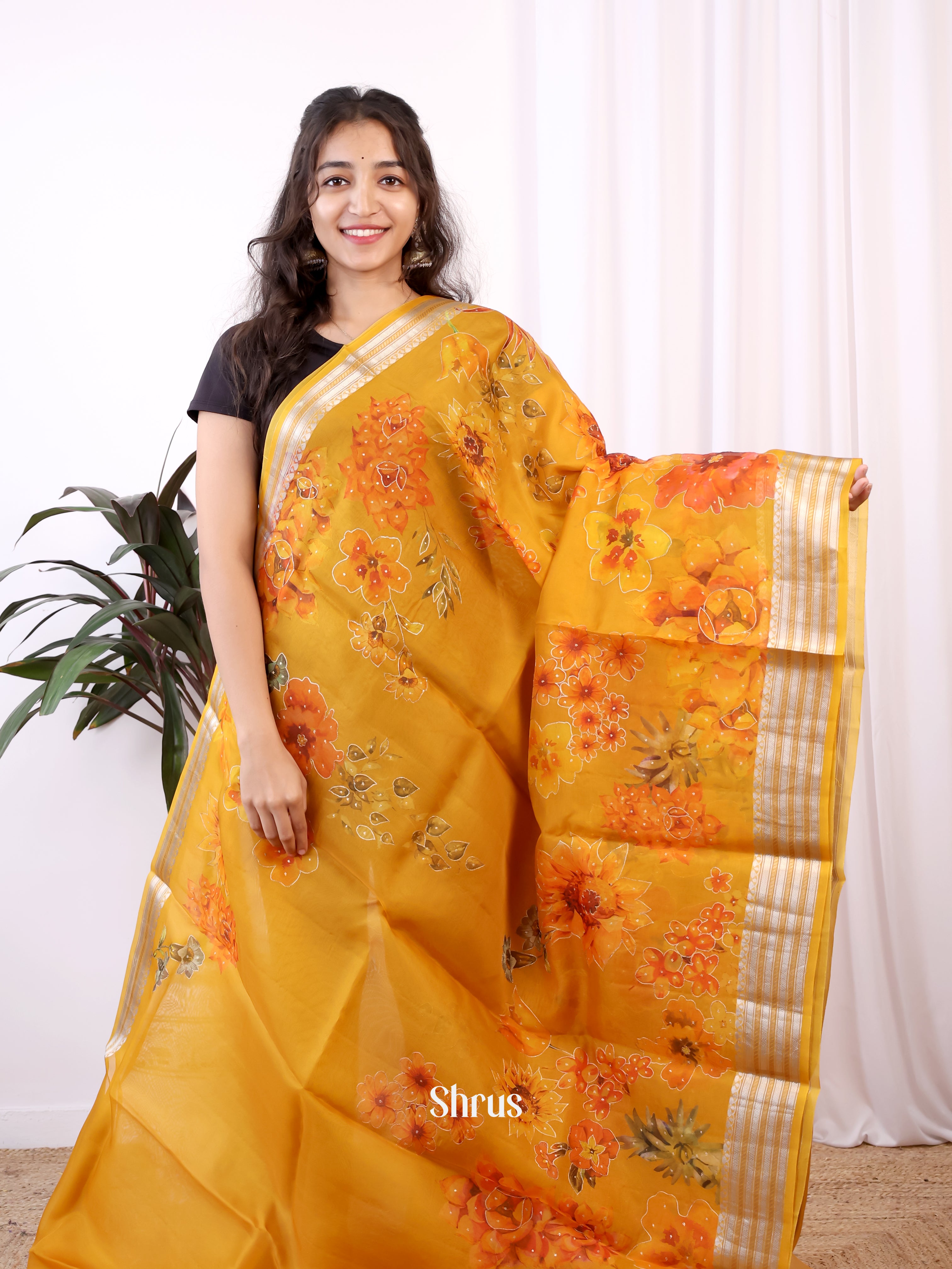 Mustard(Single Tone)- Organza Saree - Shop on Shrus.com