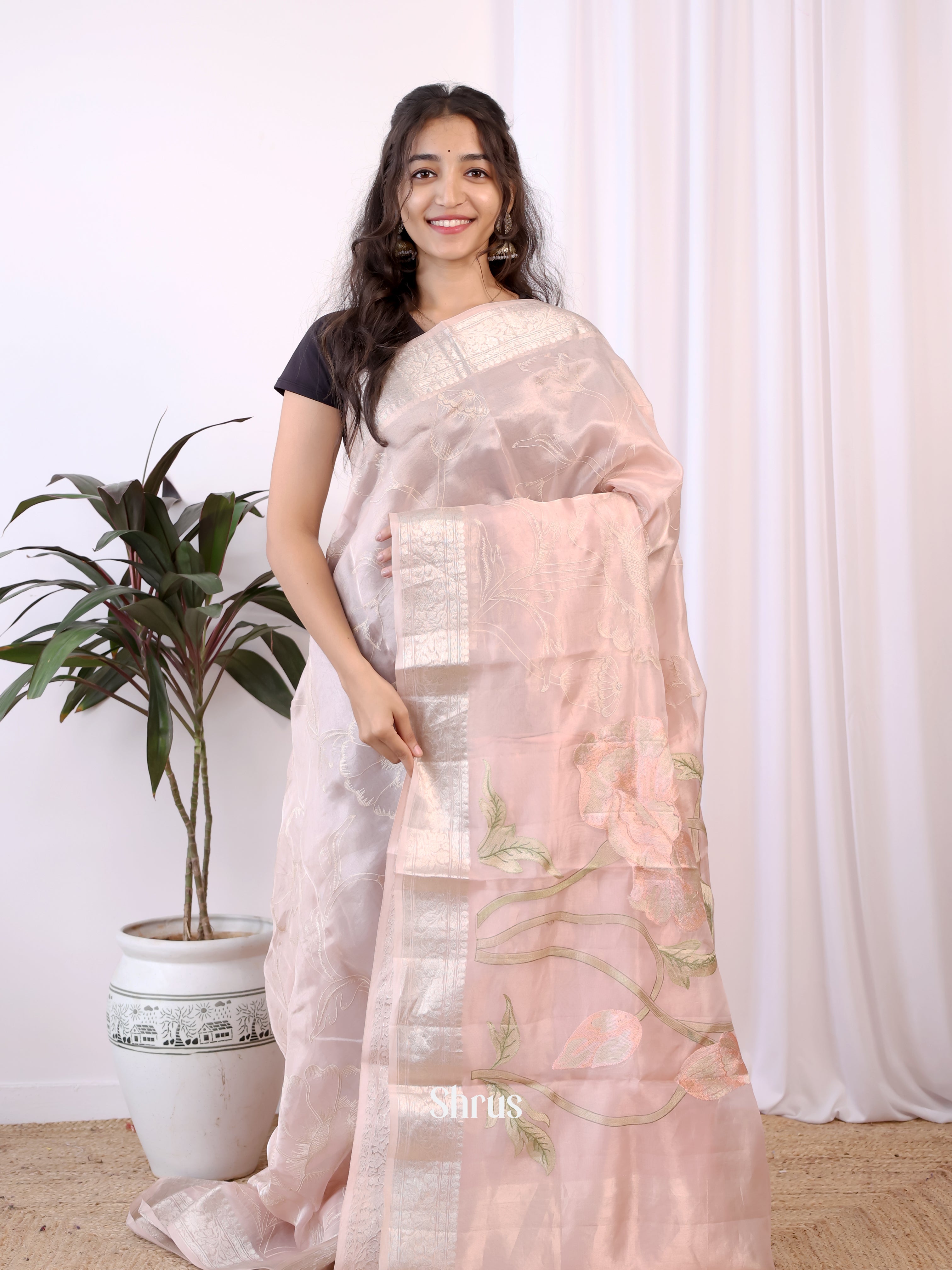 Pink(Single Tone)- Organza Saree - Shop on Shrus.com