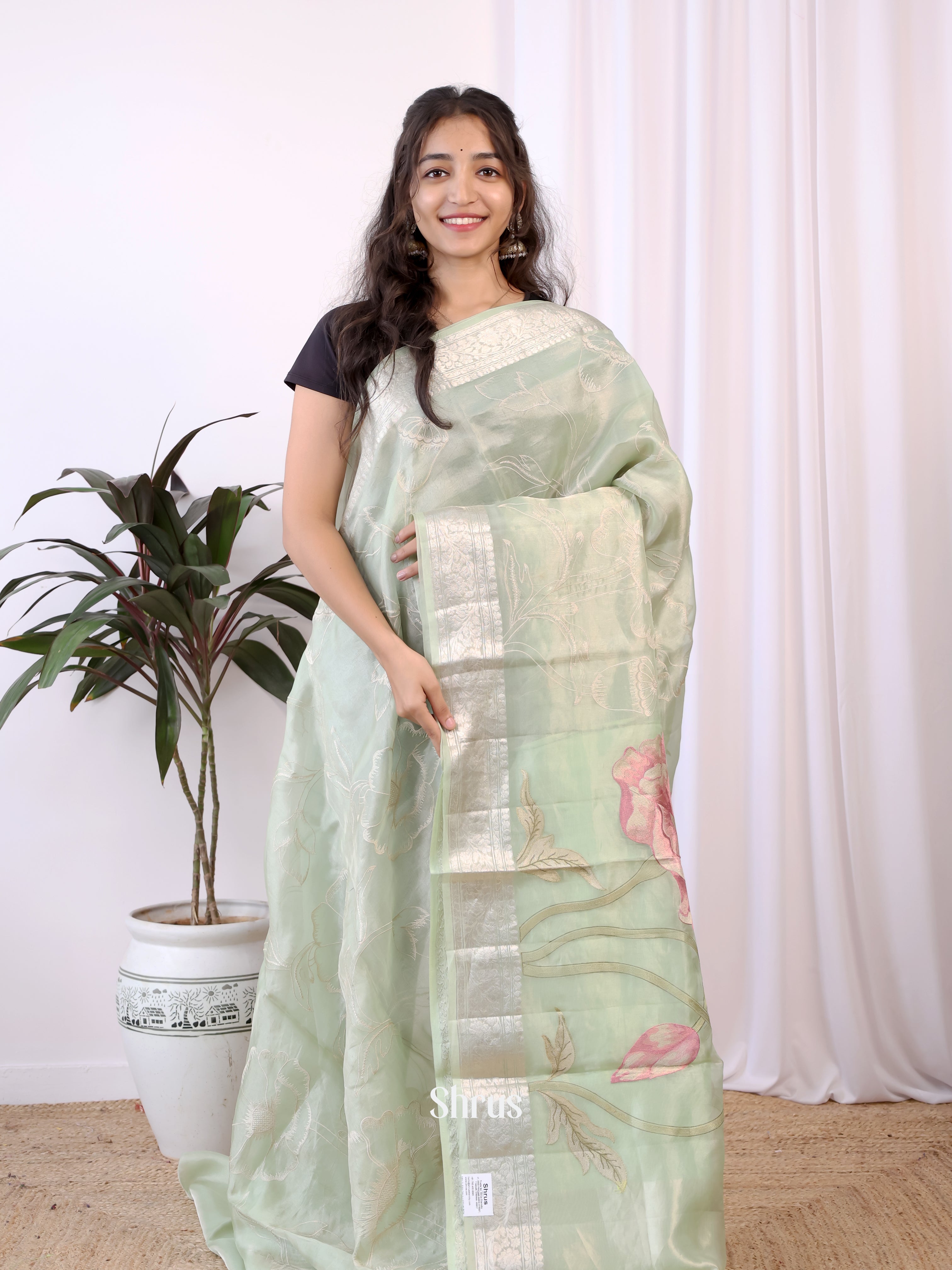 Lite Green(single Tone) - Organza Saree - Shop on Shrus.com