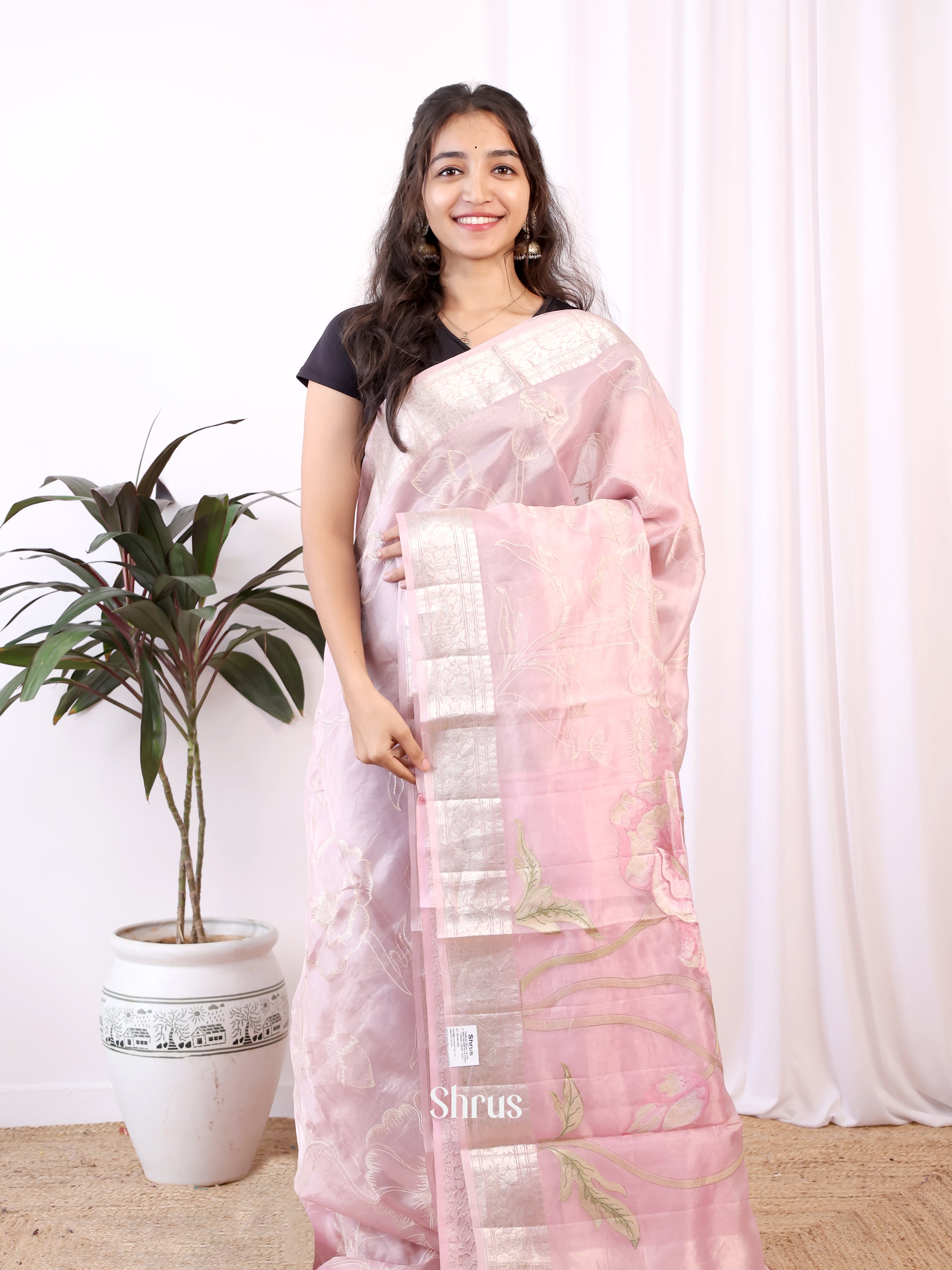 Pink(Single Tone) - Organza Saree - Shop on Shrus.com