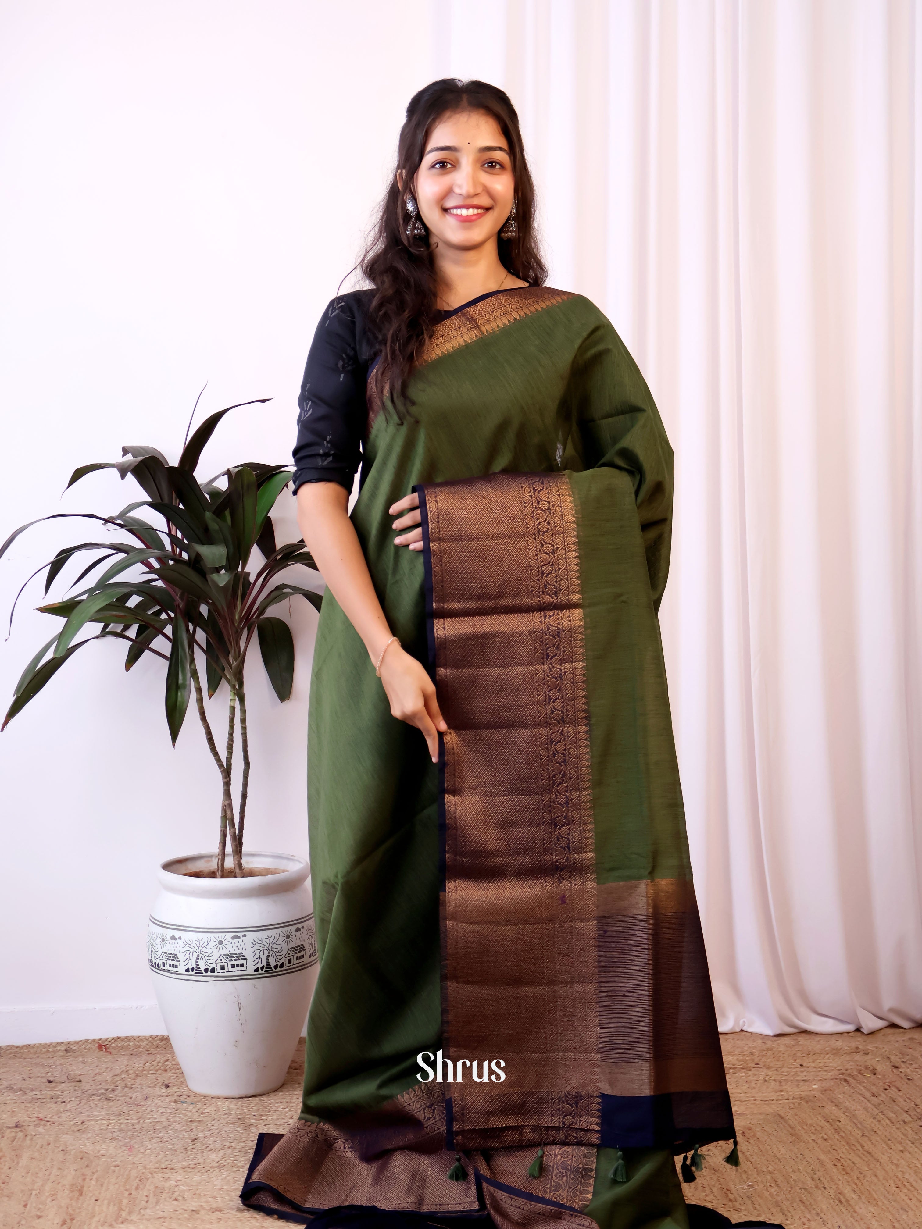 Green & Blue- Semi Jute Saree - Shop on Shrus.com
