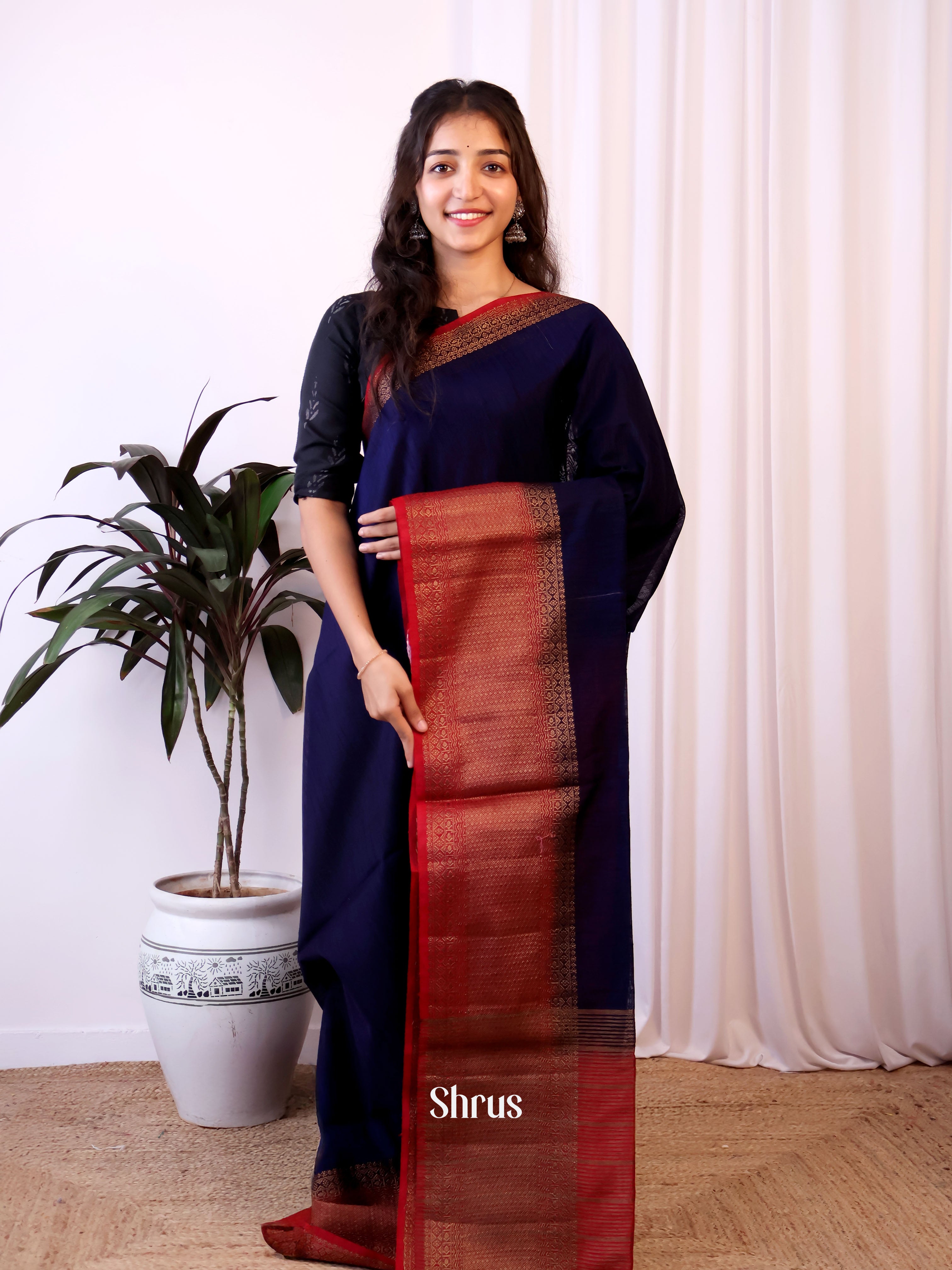 Blue & Maroon - Semi Jute Saree - Shop on Shrus.com