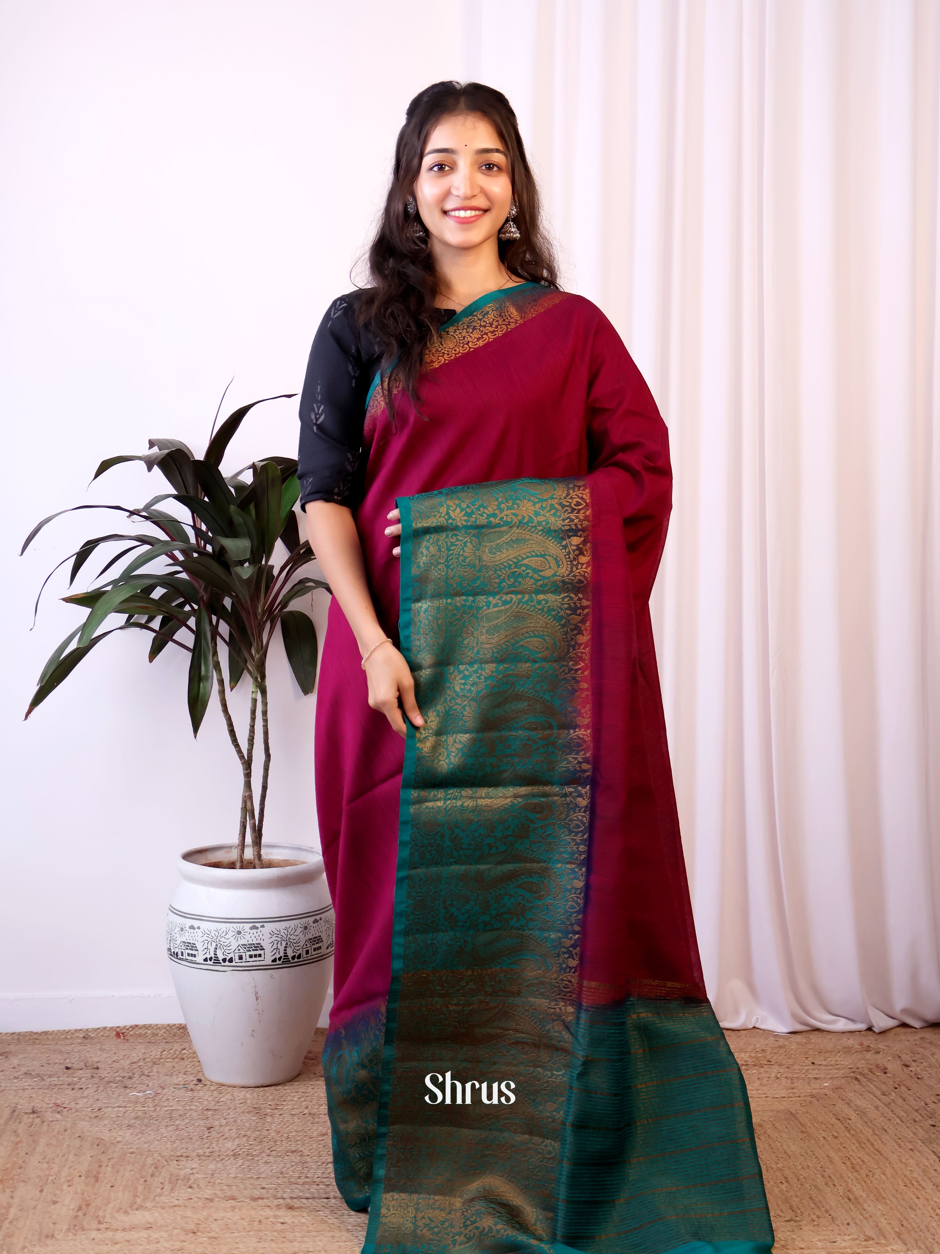 Maroon & Peacock Blue - Semi Jute Saree - Shop on Shrus.com
