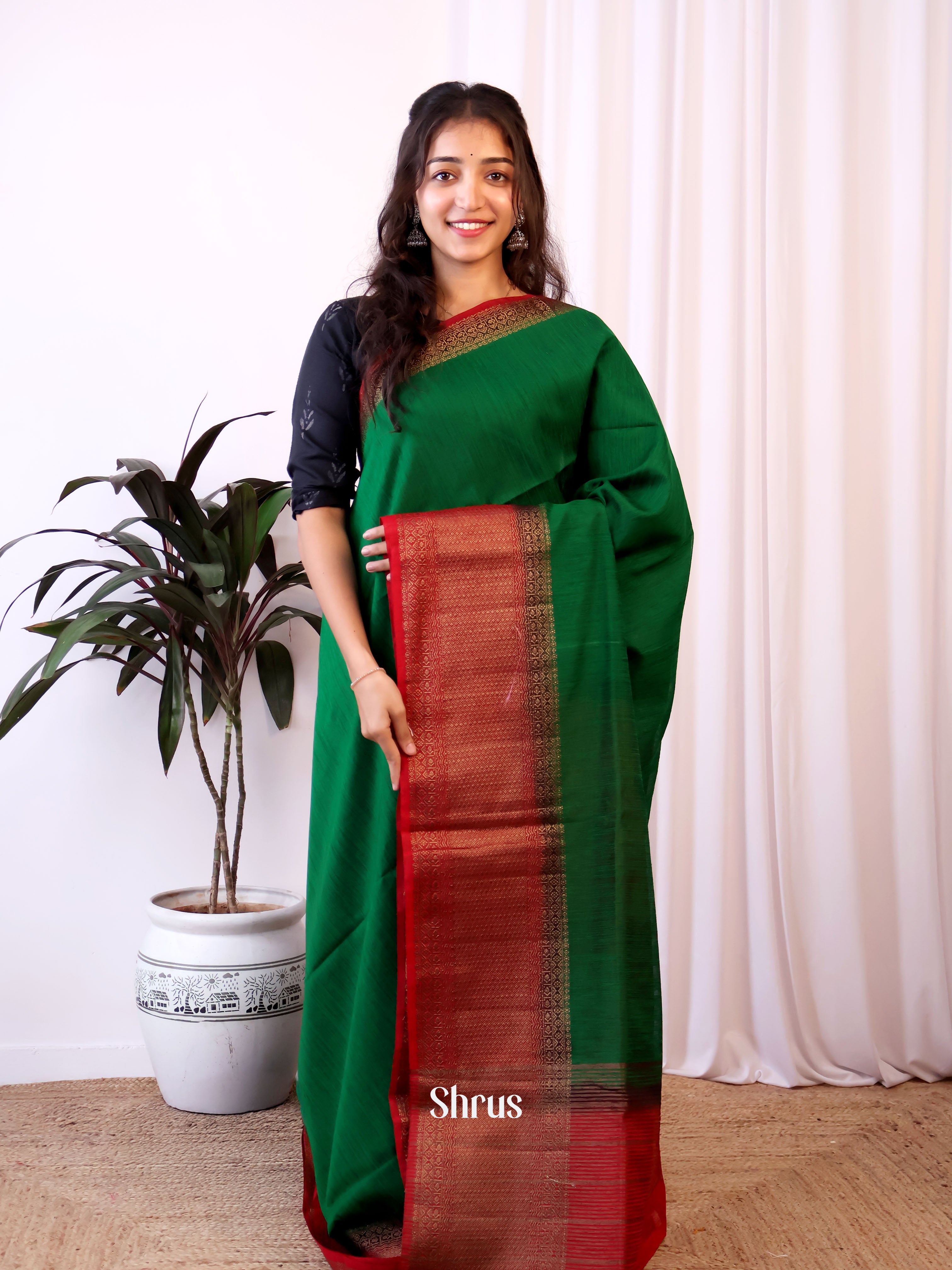Green & Maroon - Semi Jute Saree - Shop on Shrus.com