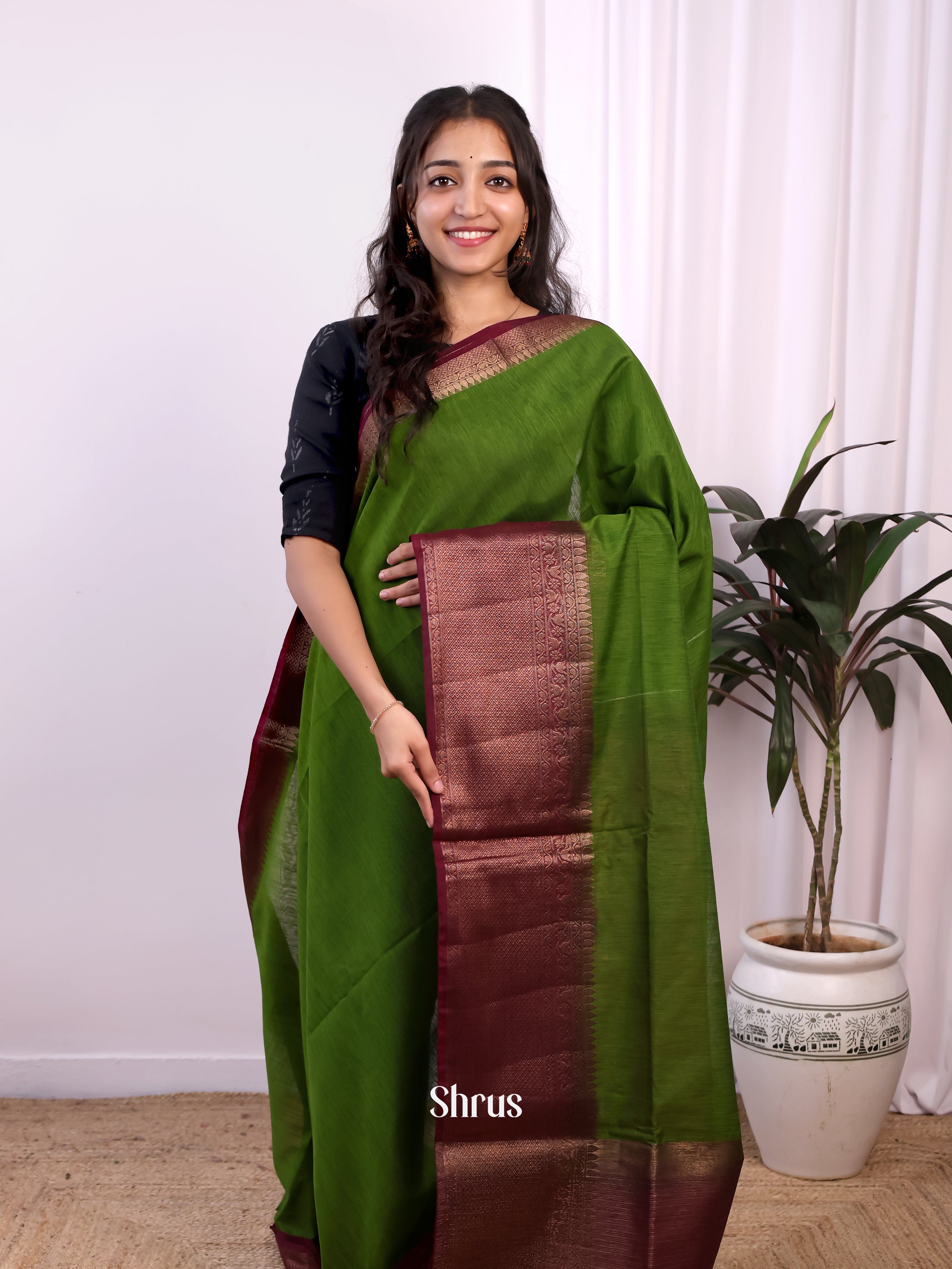 Green & Maroon - Semi Jute Saree - Shop on Shrus.com