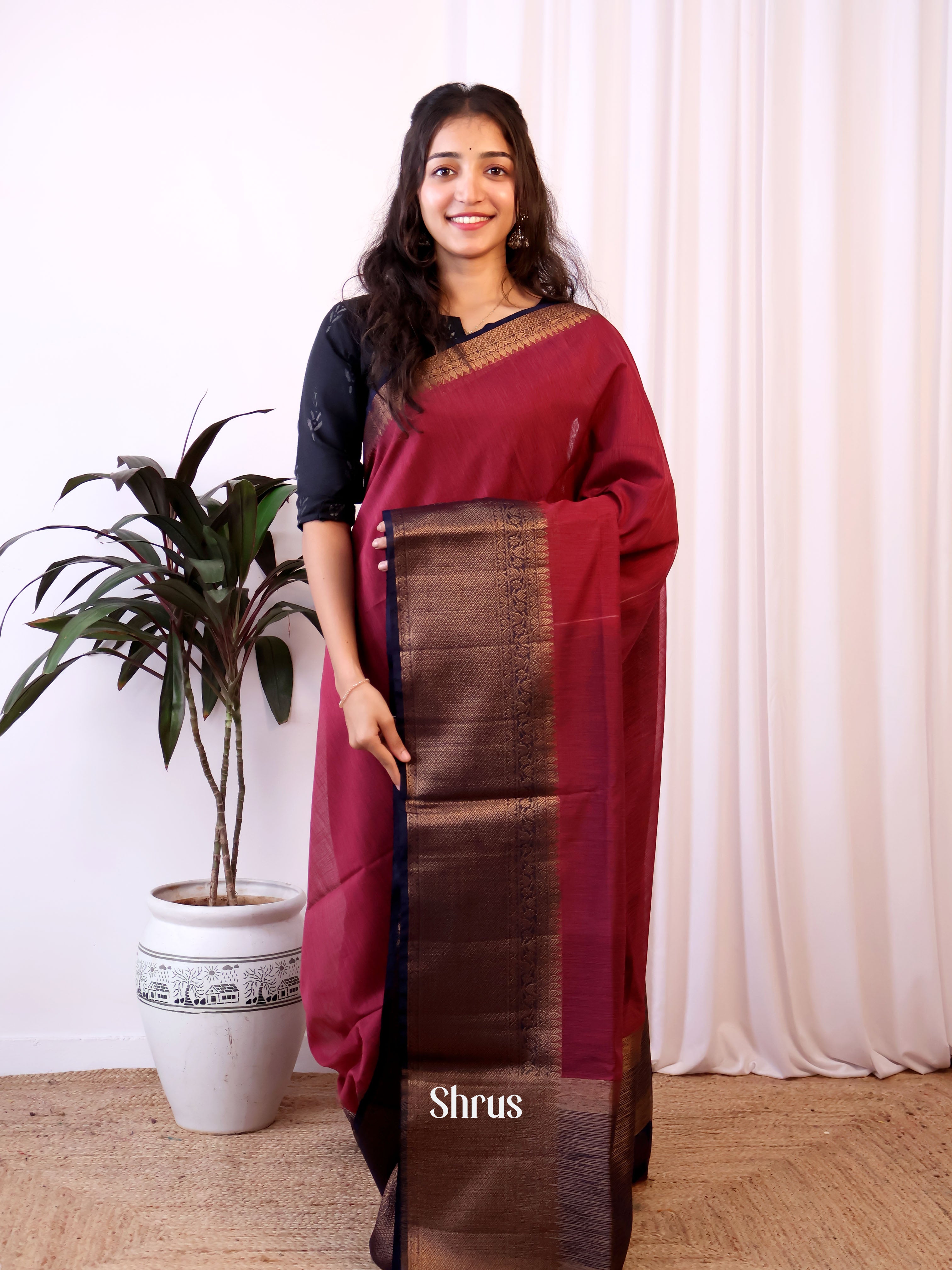 Maroon & Blue - Semi Jute Saree - Shop on Shrus.com