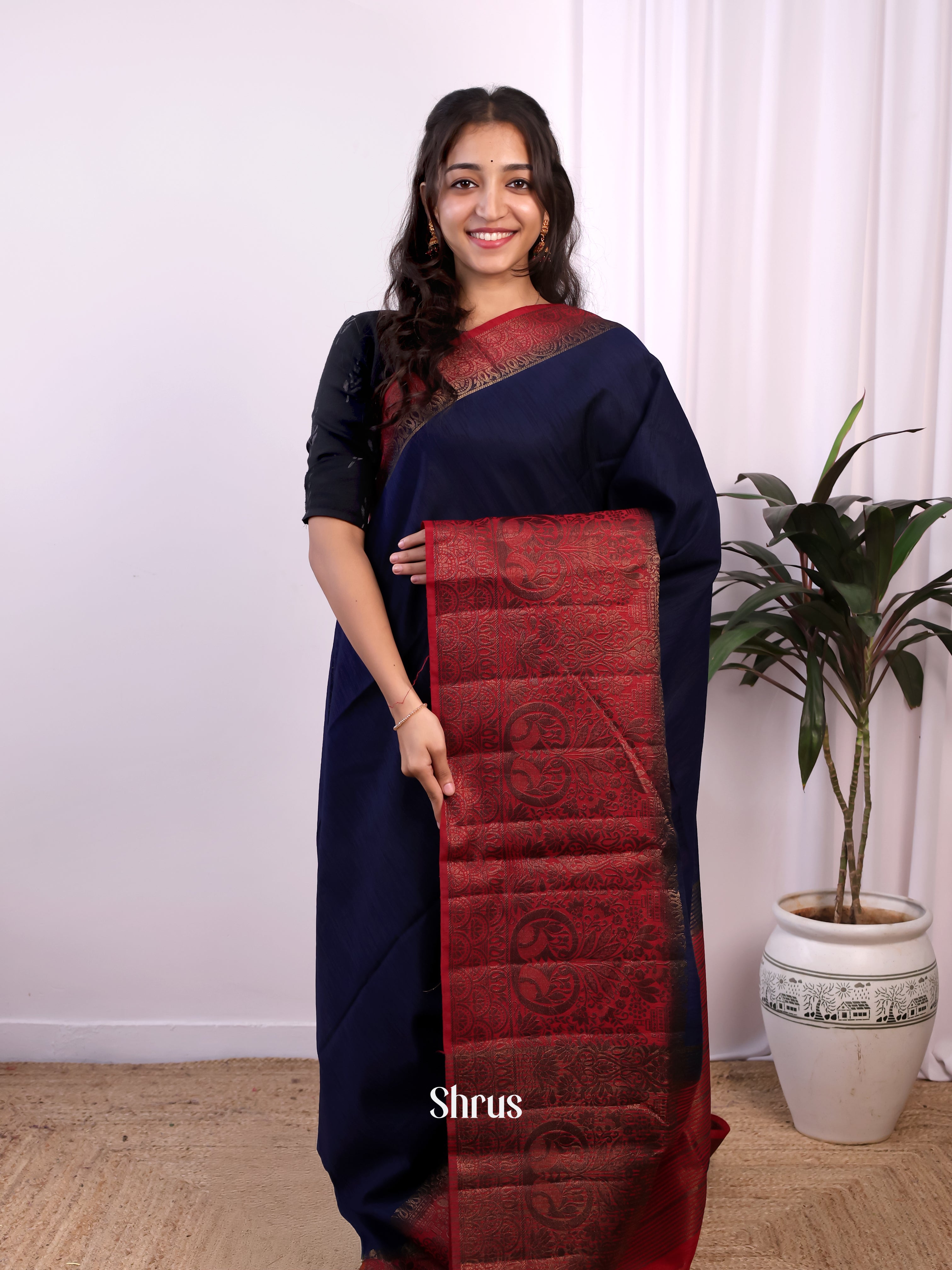 Blue & Maroon - Semi Jute Saree - Shop on Shrus.com