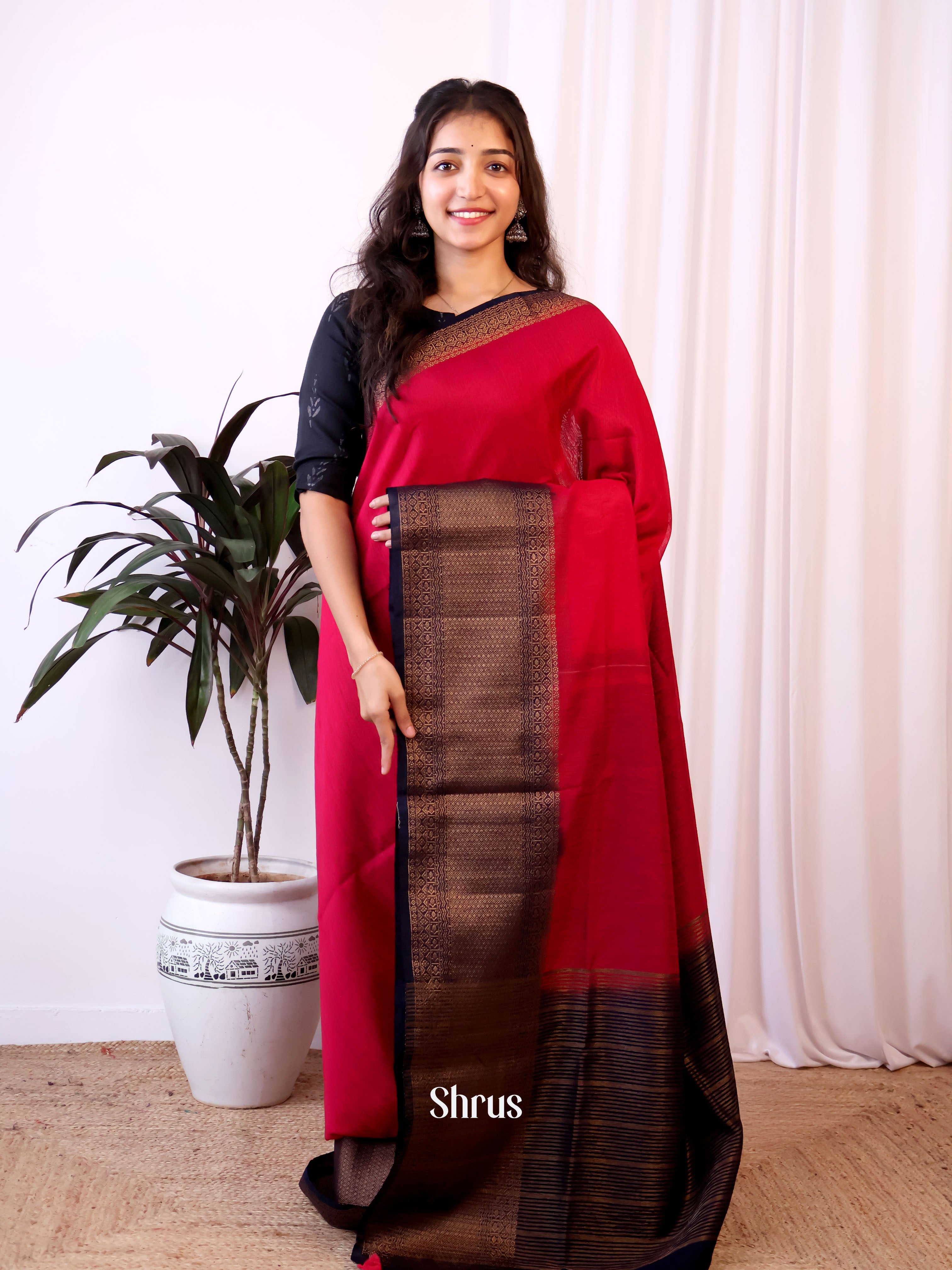 Red & Blue - Semi Jute Saree - Shop on Shrus.com