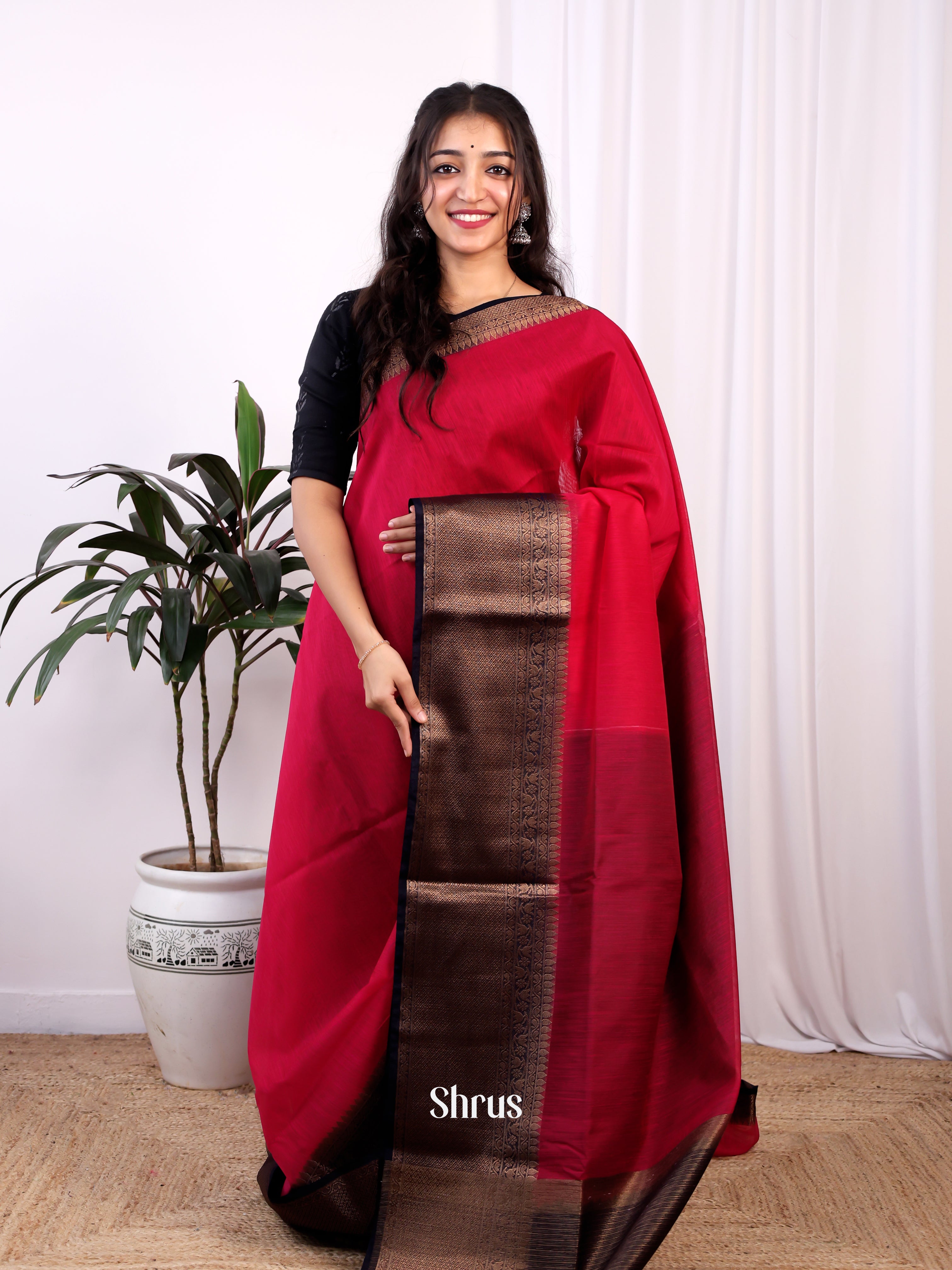 Red & Purple -Semi Jute Saree - Shop on Shrus.com