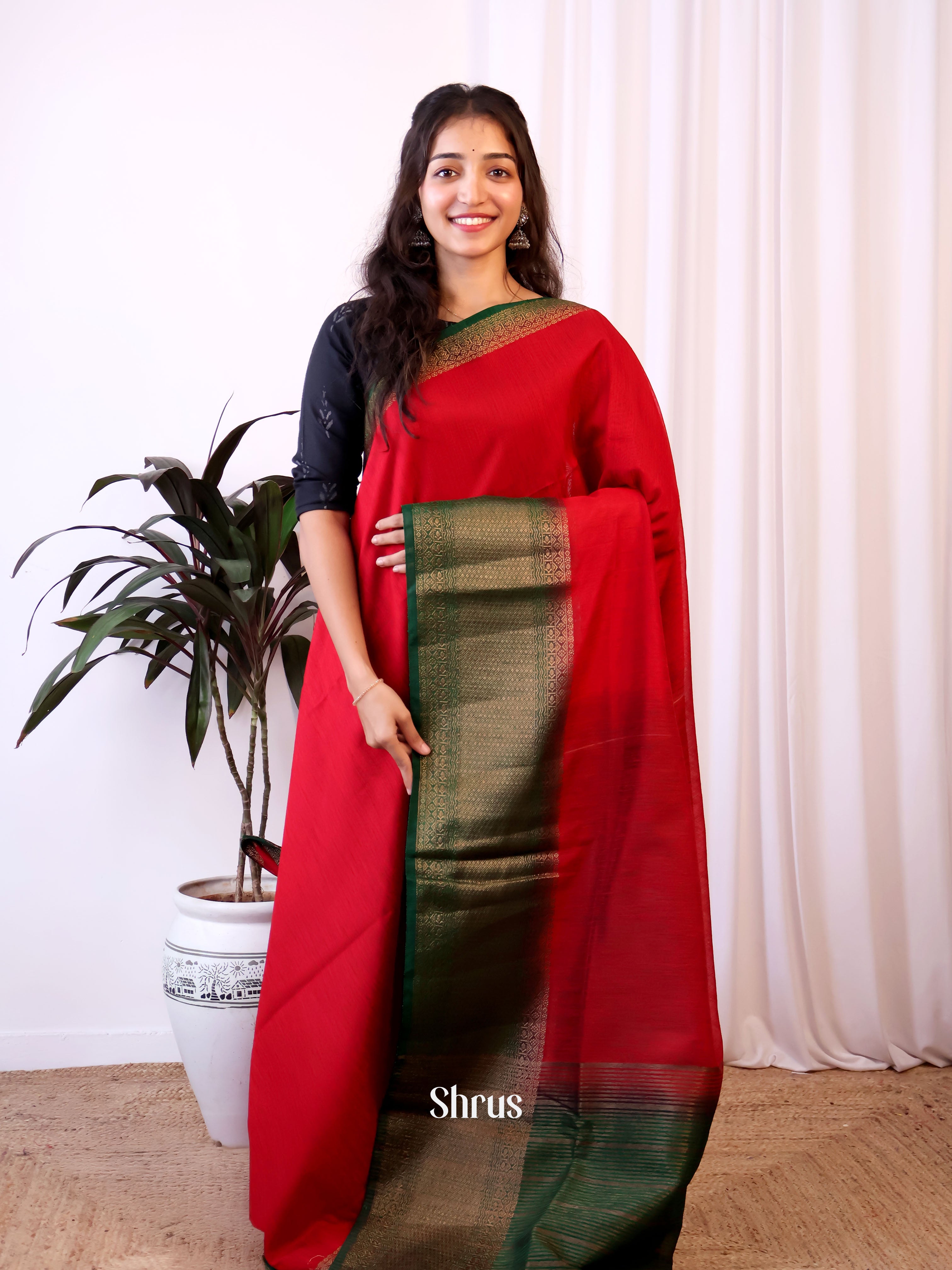 Red & Green - Semi Jute Saree - Shop on Shrus.com
