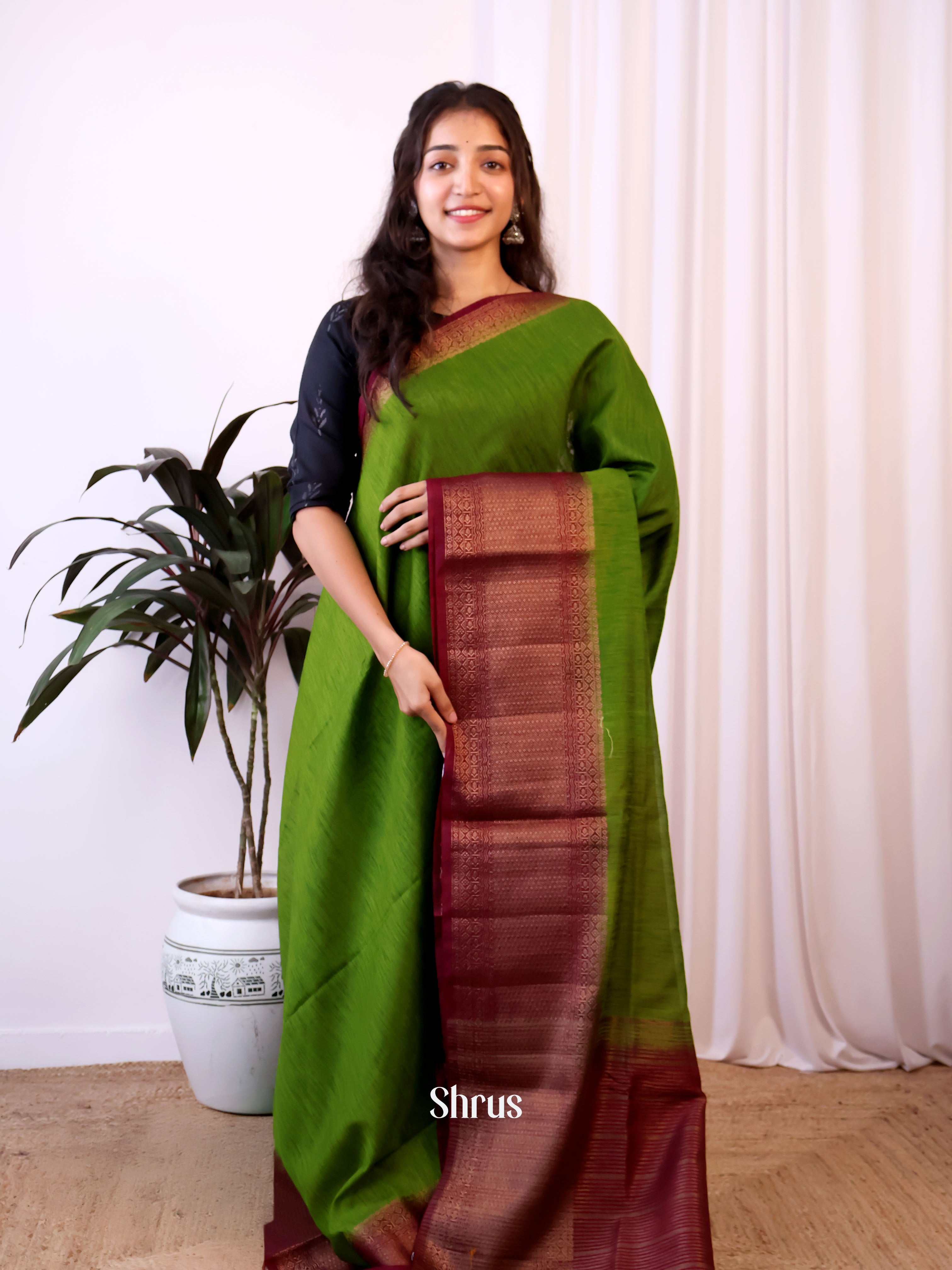 Green & Maroon - Semi Jute Saree - Shop on Shrus.com