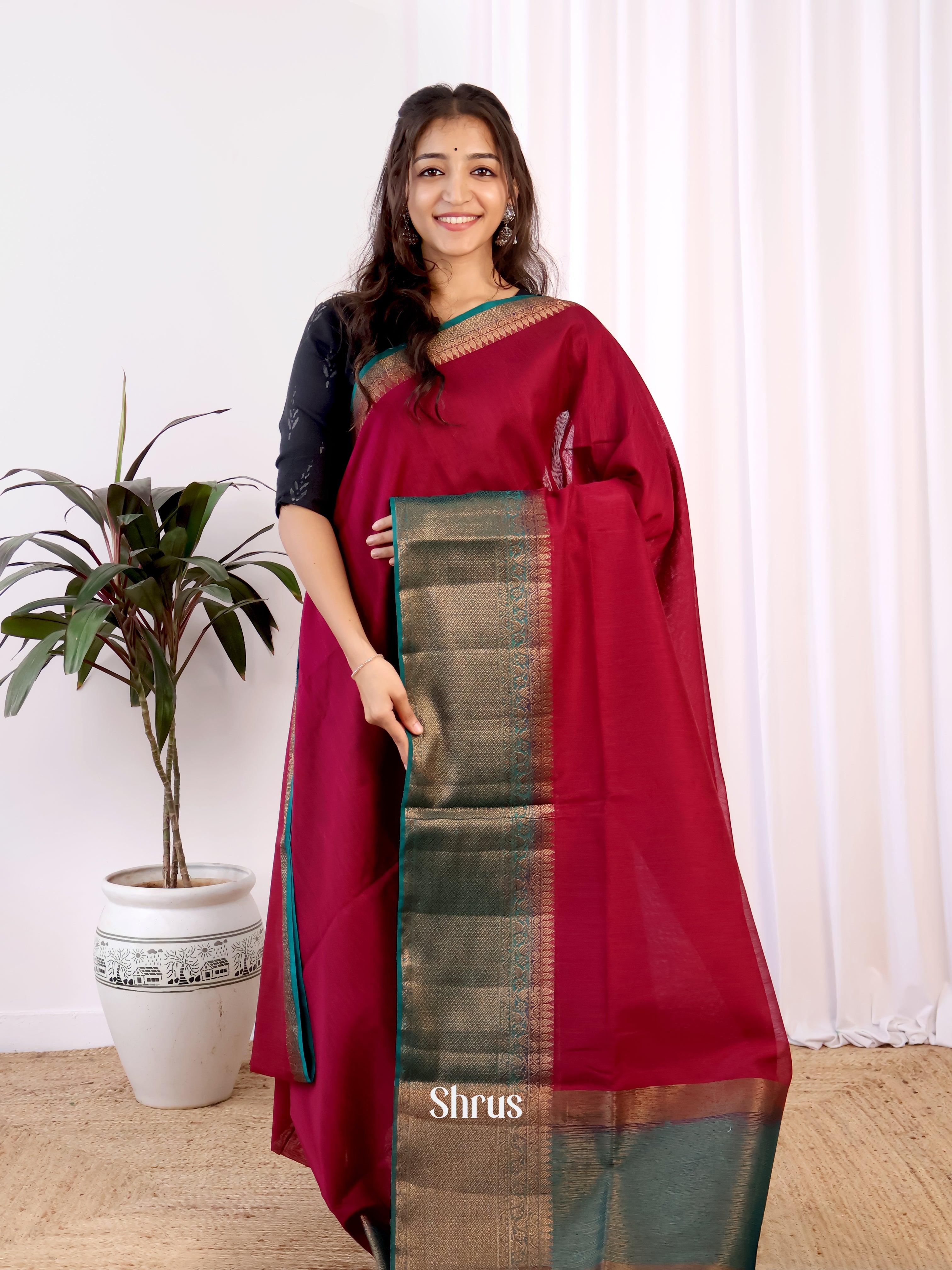 Maroon & Blue - Semi Jute Saree - Shop on Shrus.com