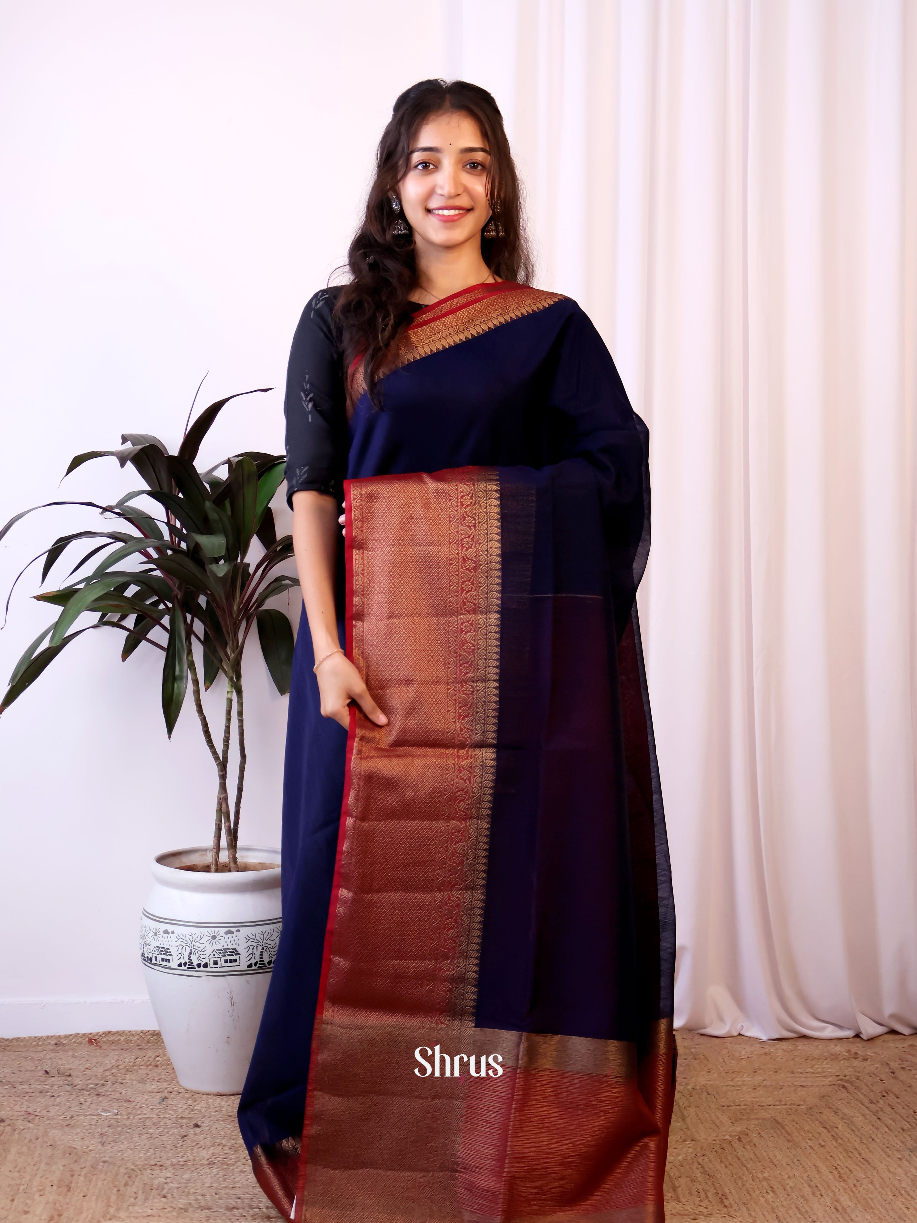 Blue & Maroon - Semi Jute Saree - Shop on Shrus.com