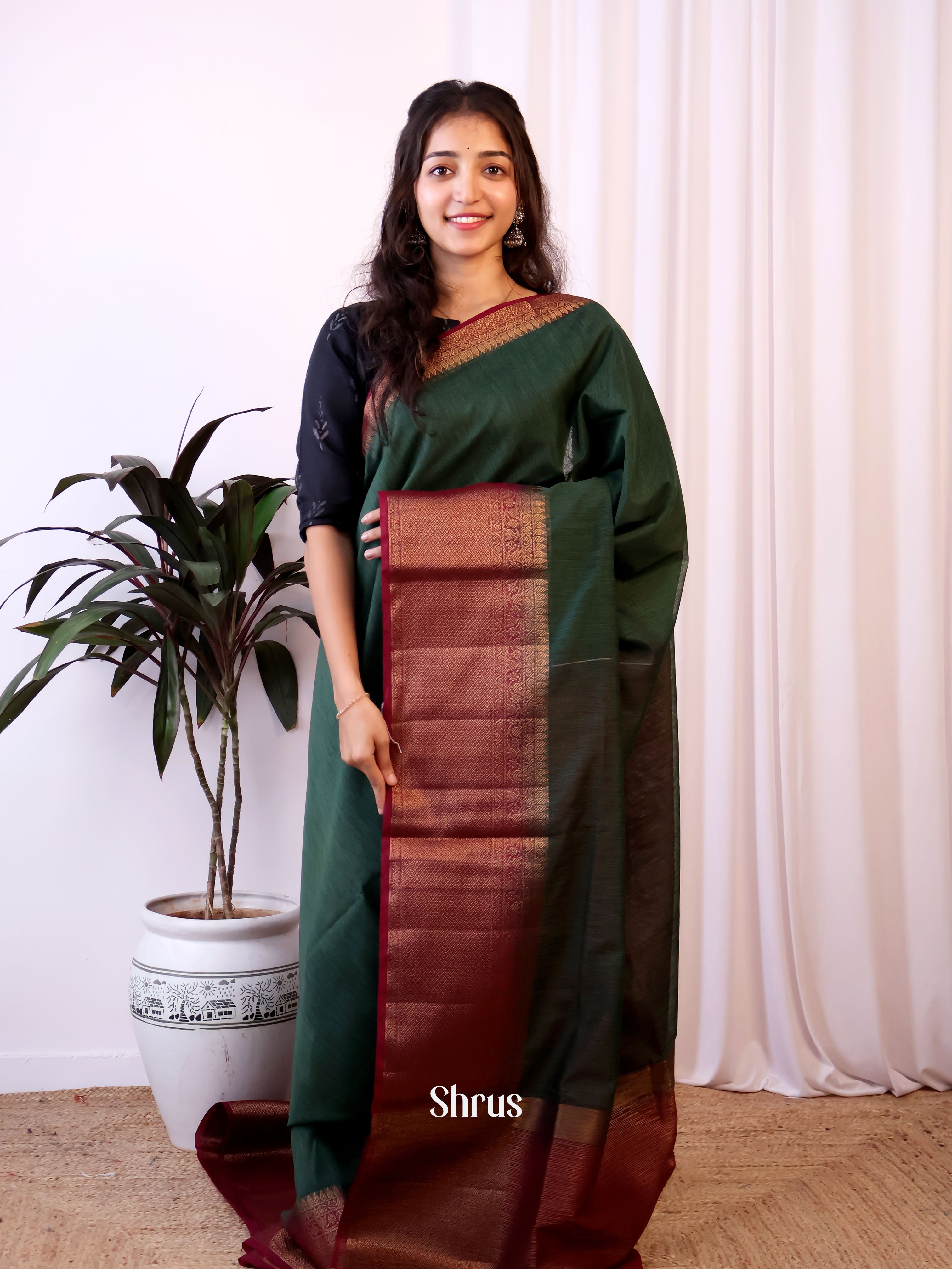 Green & Maroon - Semi Jute Saree - Shop on Shrus.com