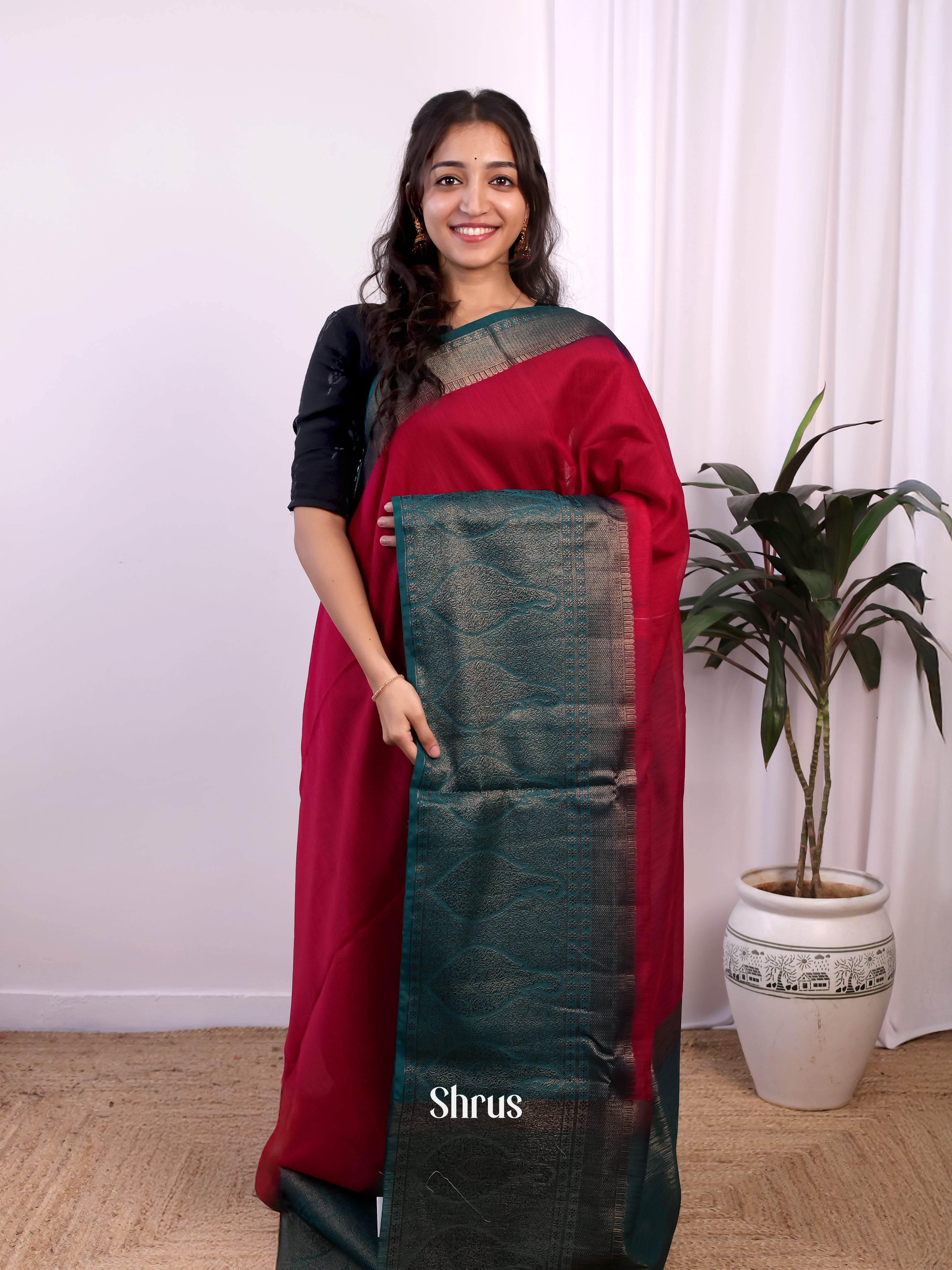 Red & Peacock Blue - Semi Jute Saree - Shop on Shrus.com