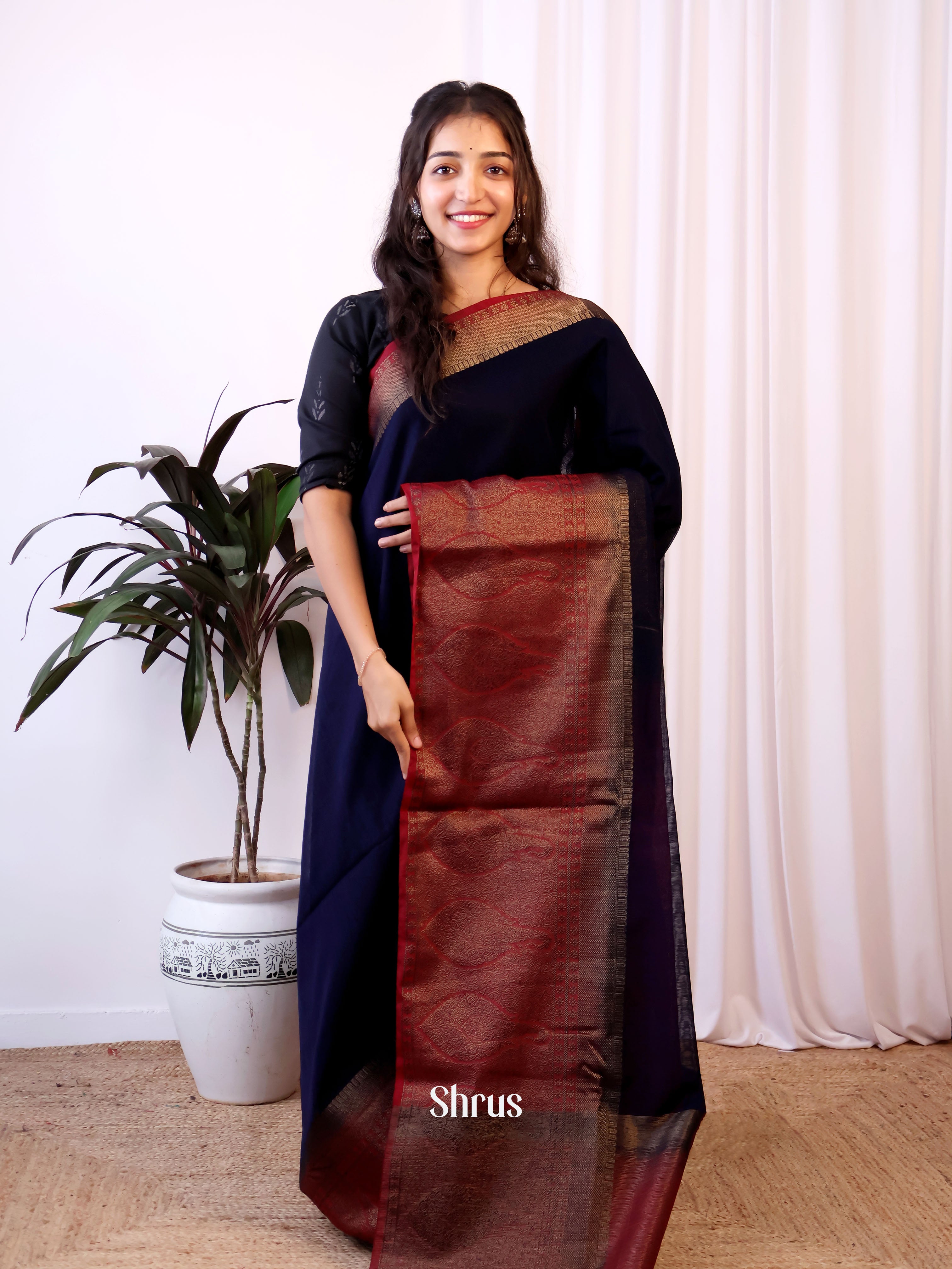 Blue & Maroon - Semi Jute Saree - Shop on Shrus.com