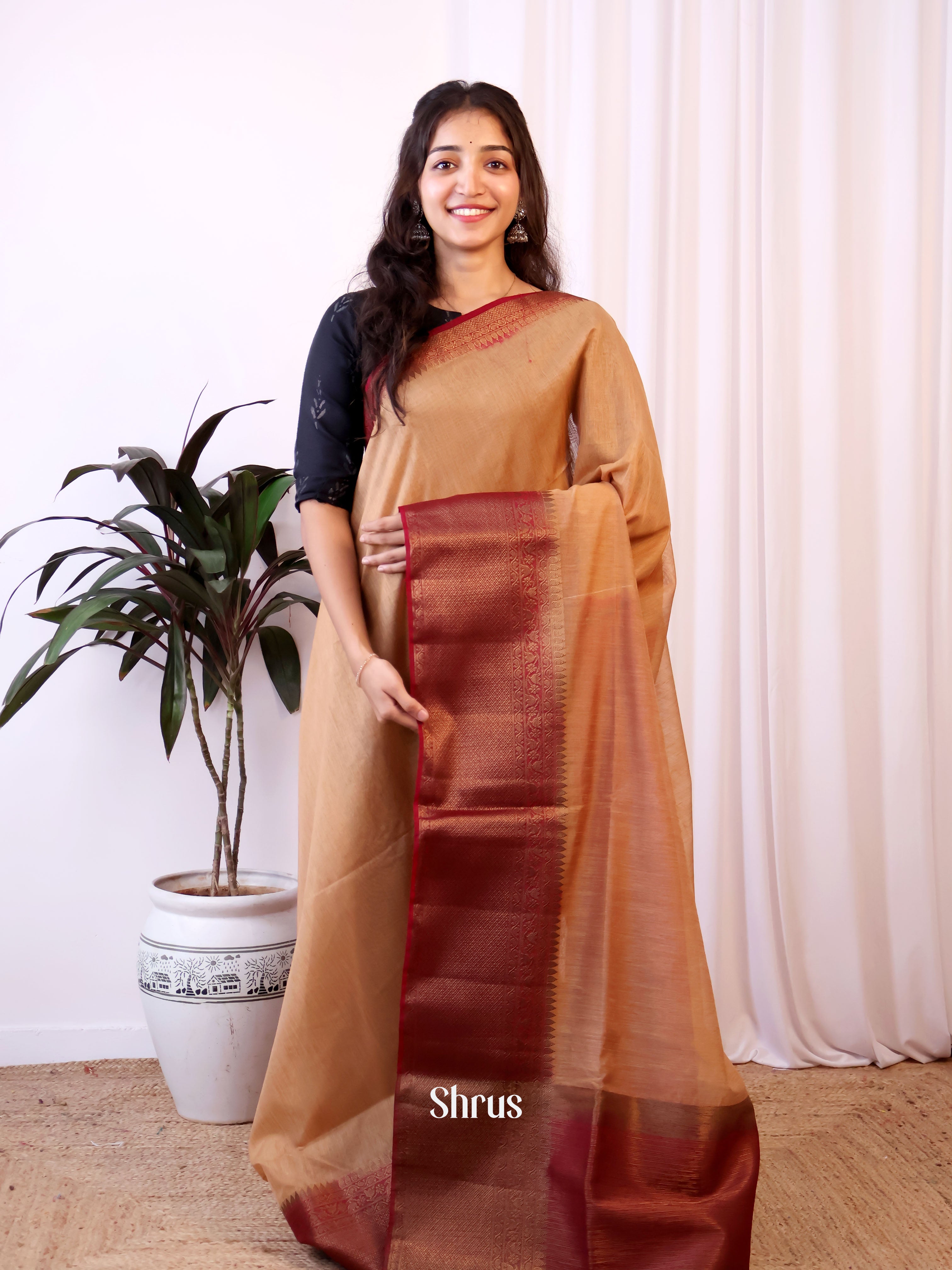 Beige & Maroon- Semi Jute Saree - Shop on Shrus.com