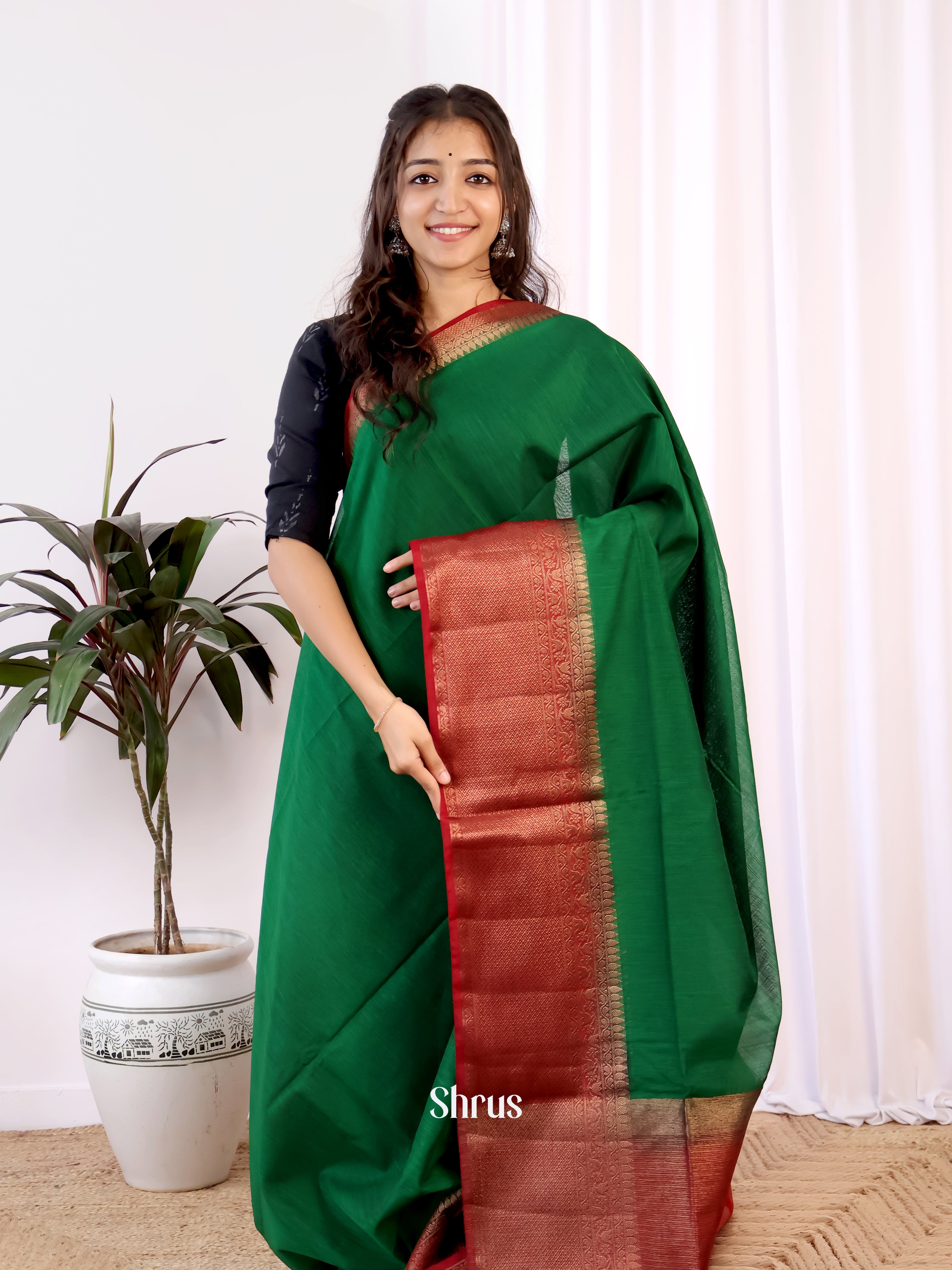 Green & Maroon - Semi Jute Saree - Shop on Shrus.com