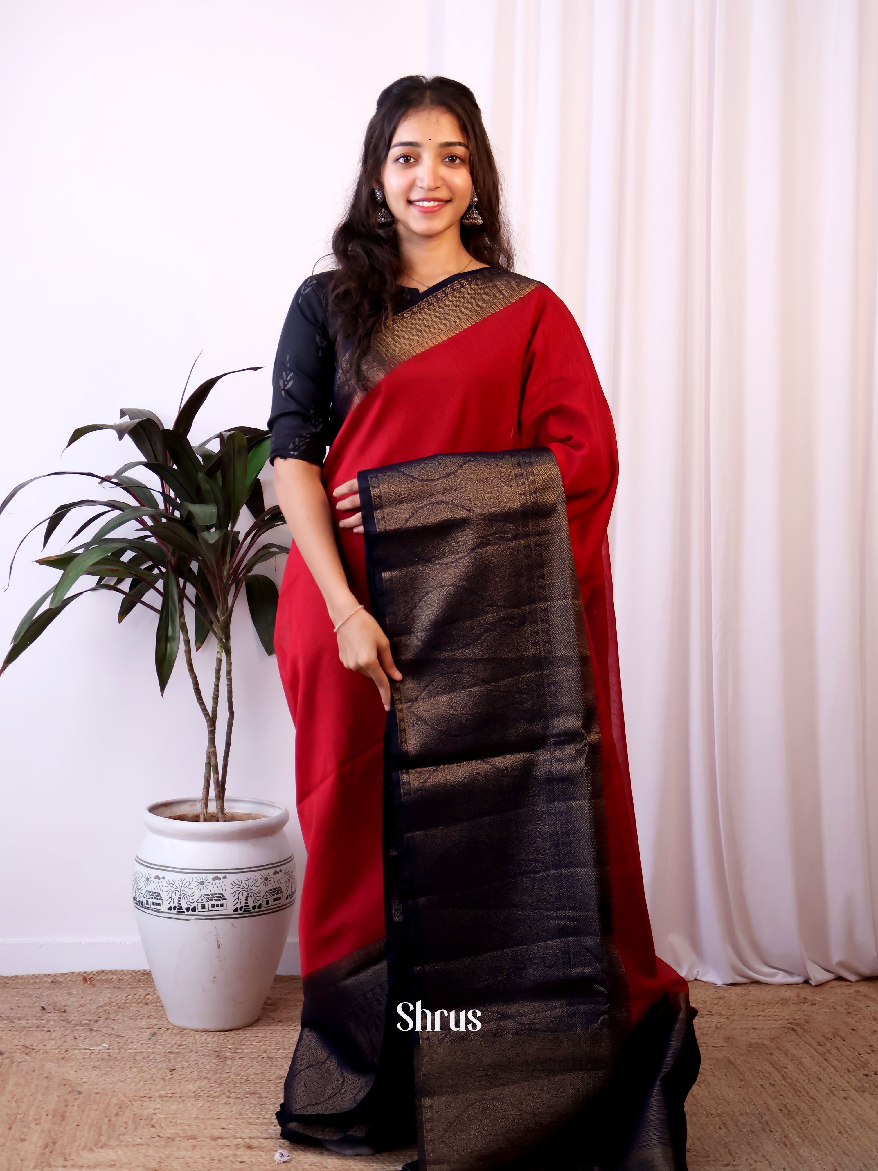 Red & Blue- Semi Jute Saree - Shop on Shrus.com
