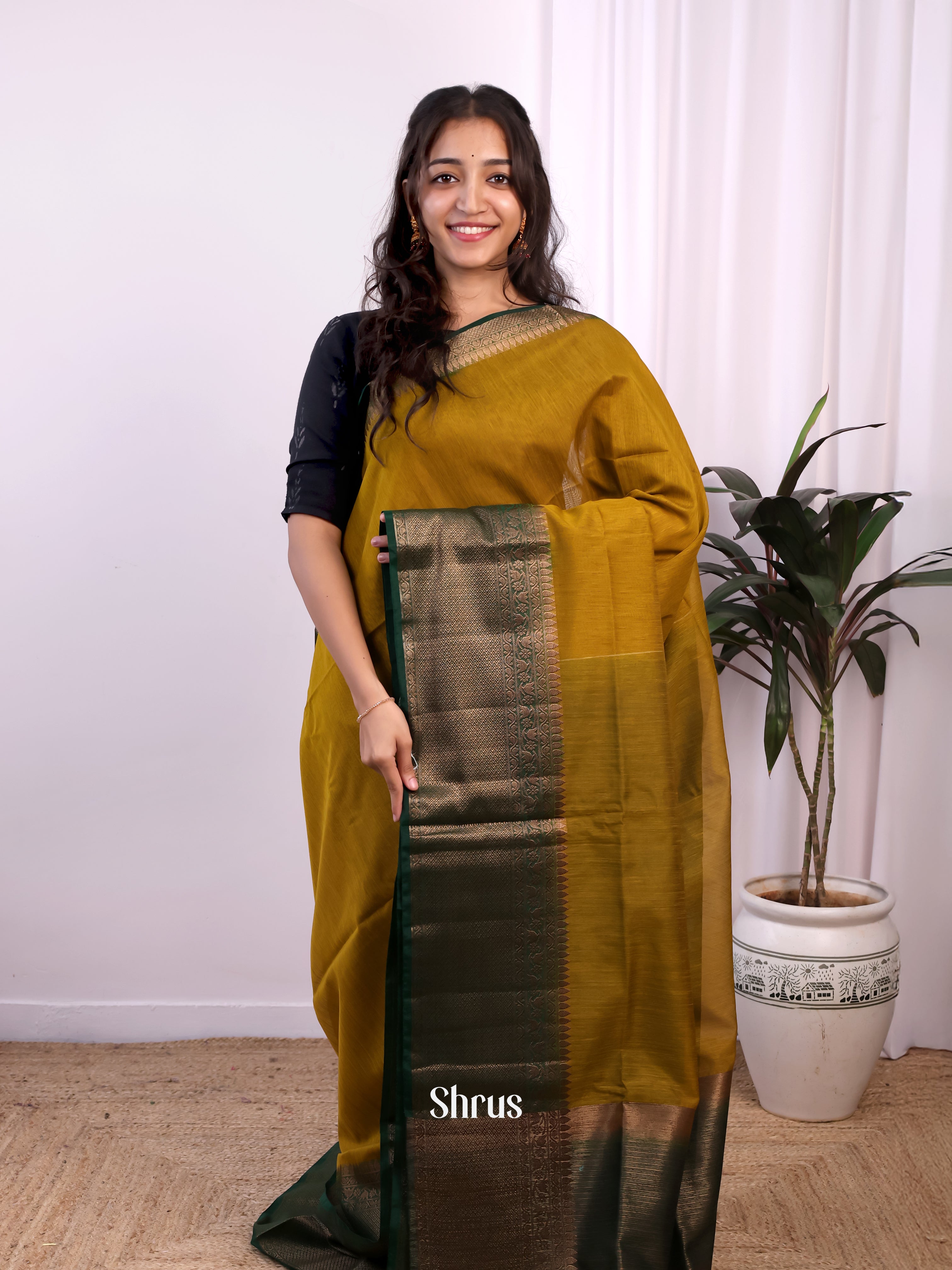 Mustardy Green & Green - Semi Jute Saree - Shop on Shrus.com