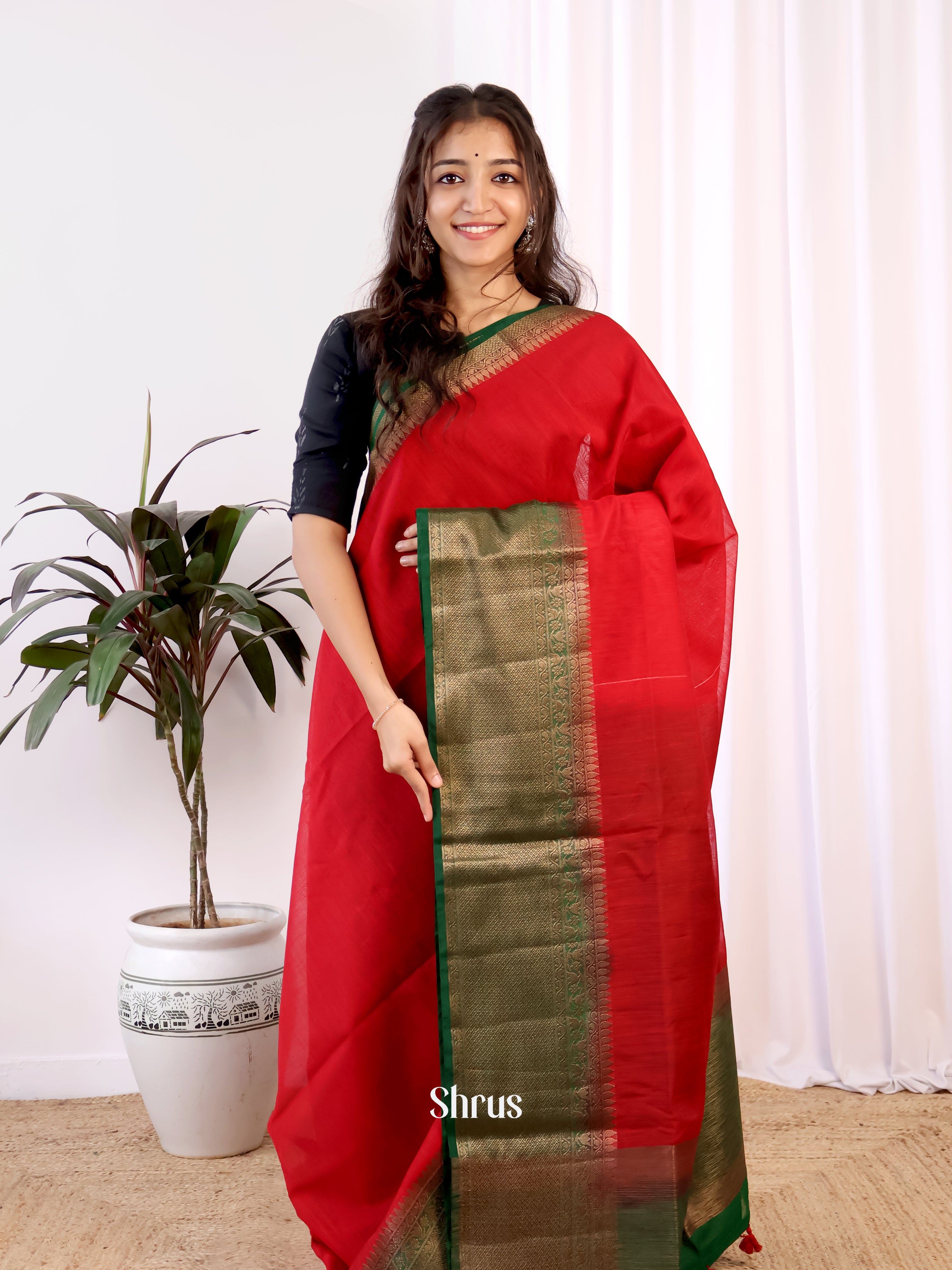 Red & Green - Semi Jute Saree - Shop on Shrus.com