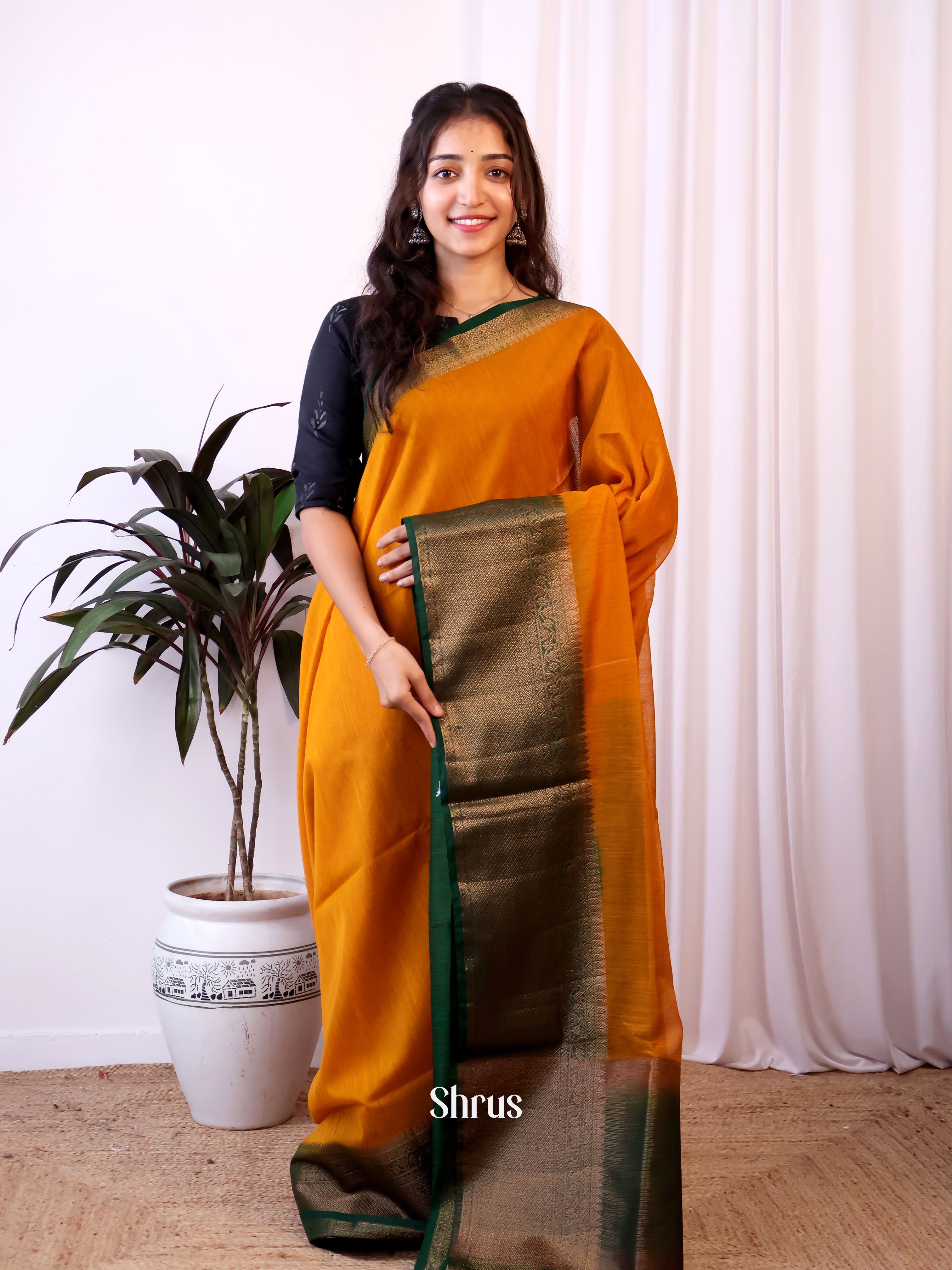 Orange & Green - Semi Jute Saree - Shop on Shrus.com