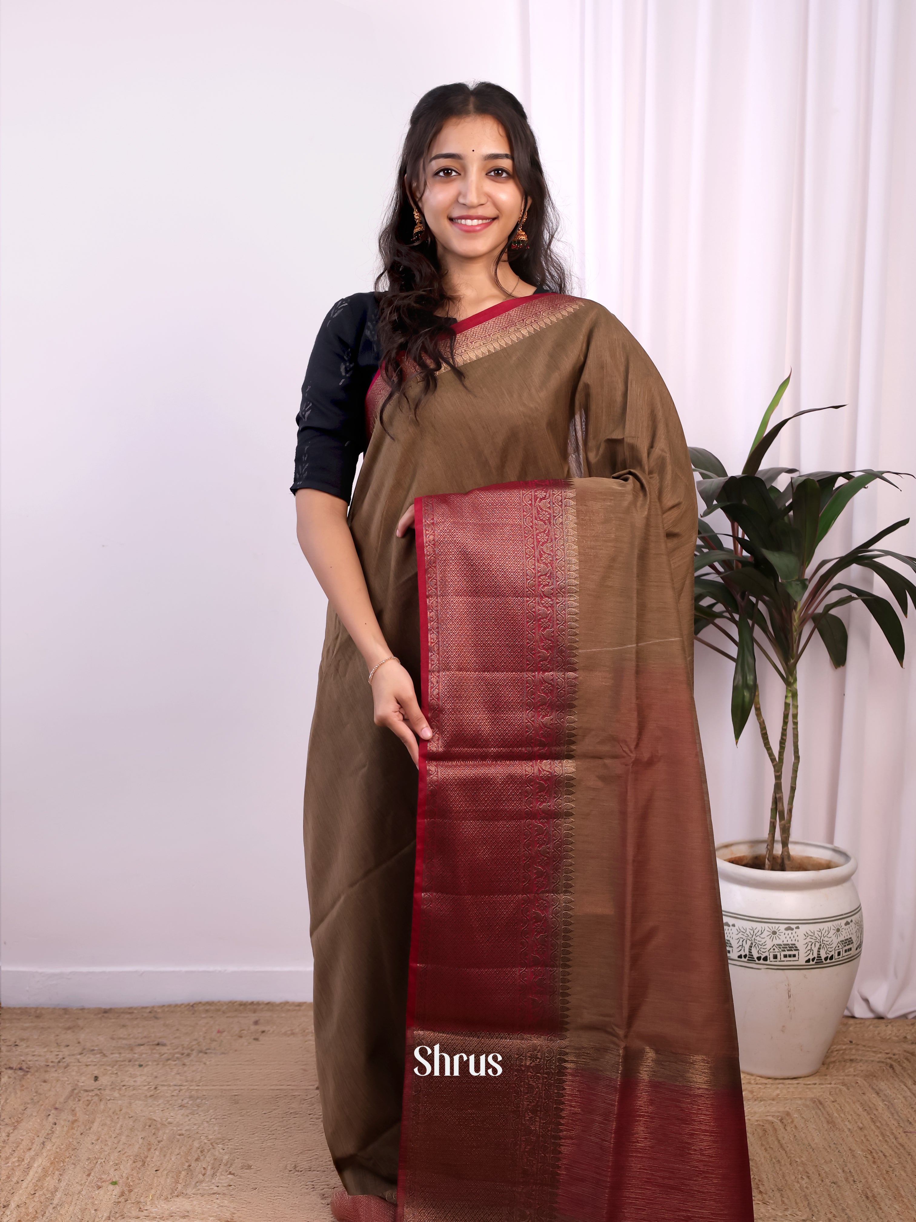Brown & Maroon - Semi Jute Saree - Shop on Shrus.com