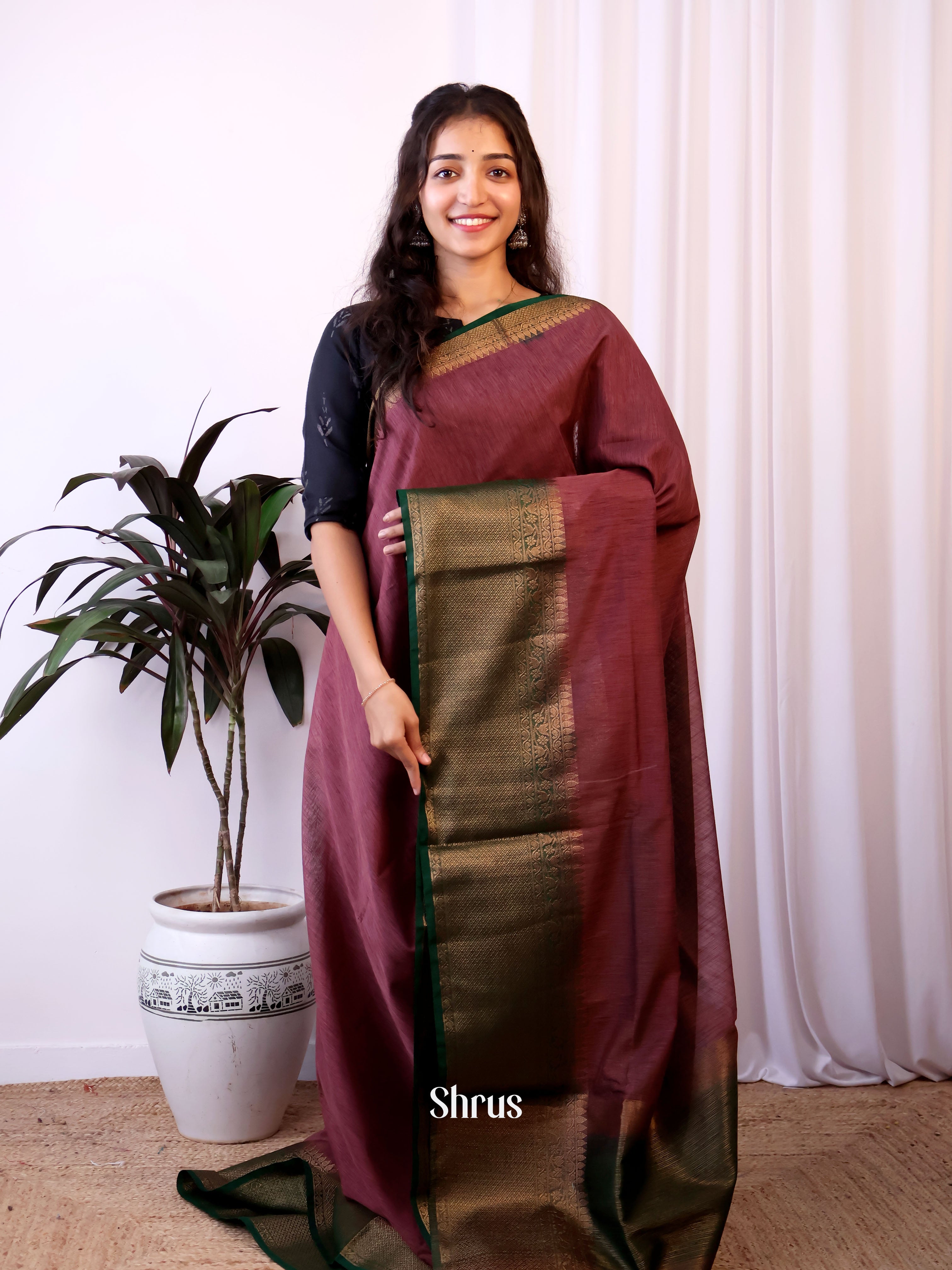 Brown & Green- Semi Jute Saree - Shop on Shrus.com