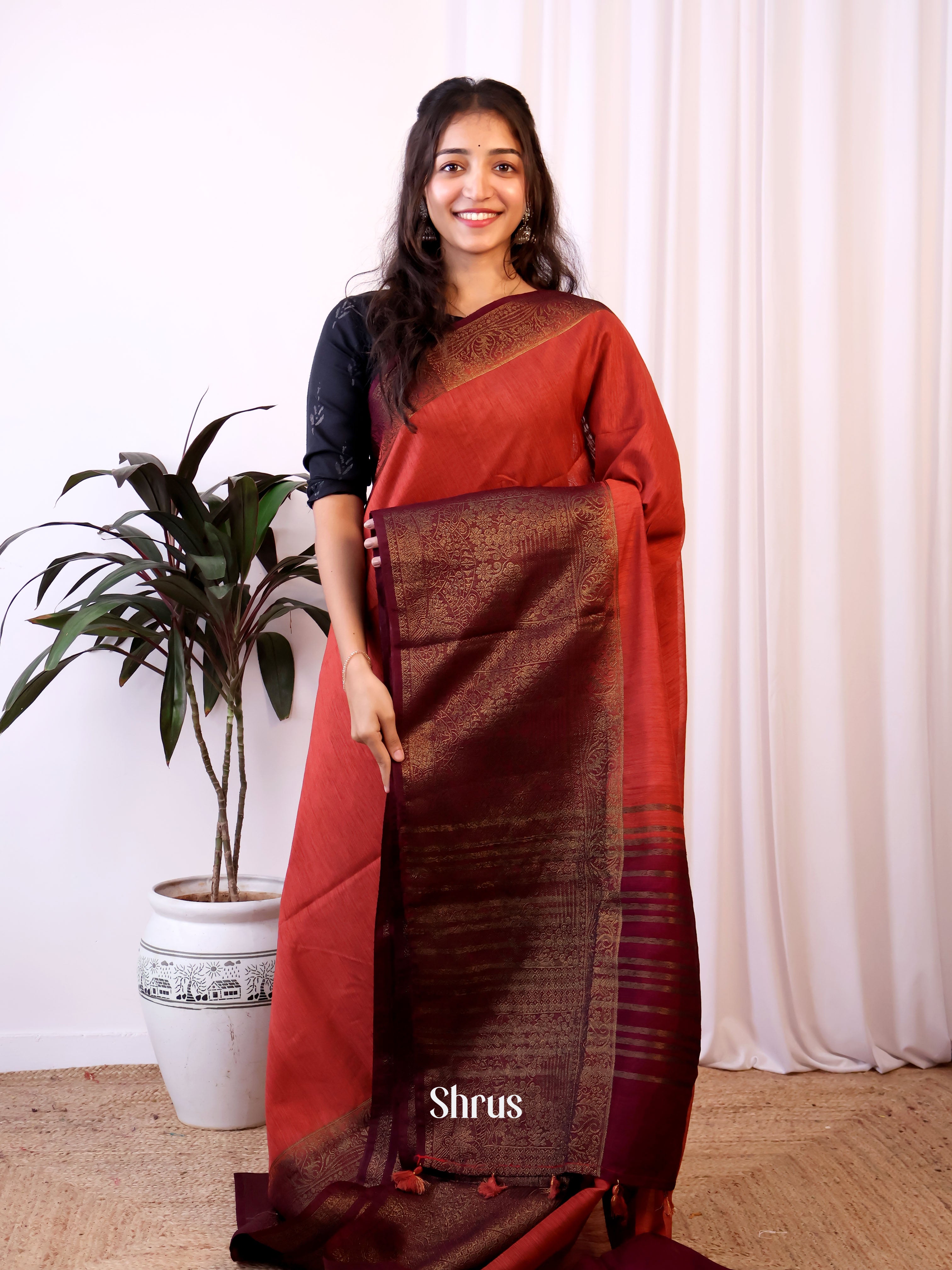 Red & Maroon- Semi Jute Saree - Shop on Shrus.com