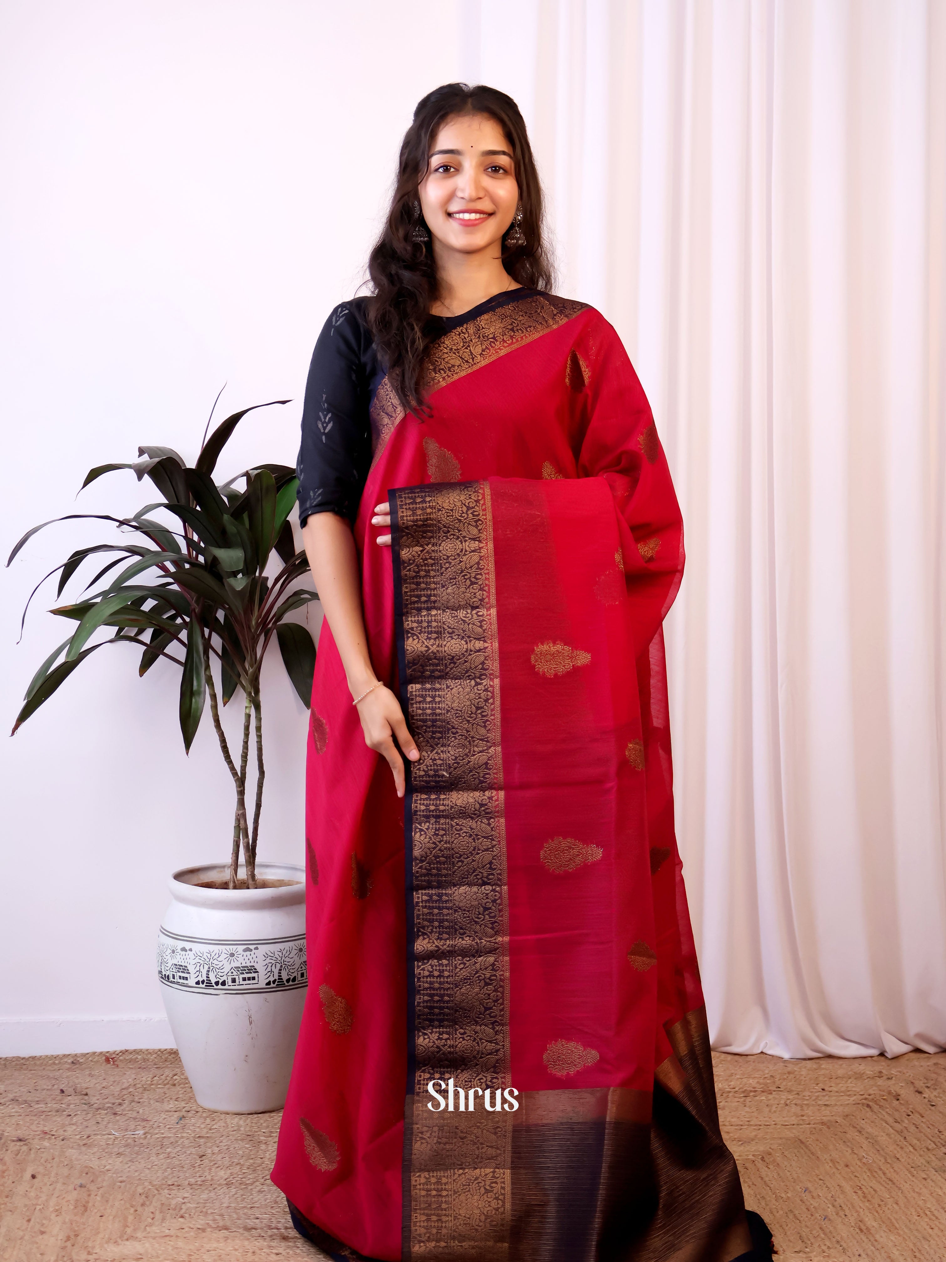 Red & Blue - Semi Jute Saree - Shop on Shrus.com
