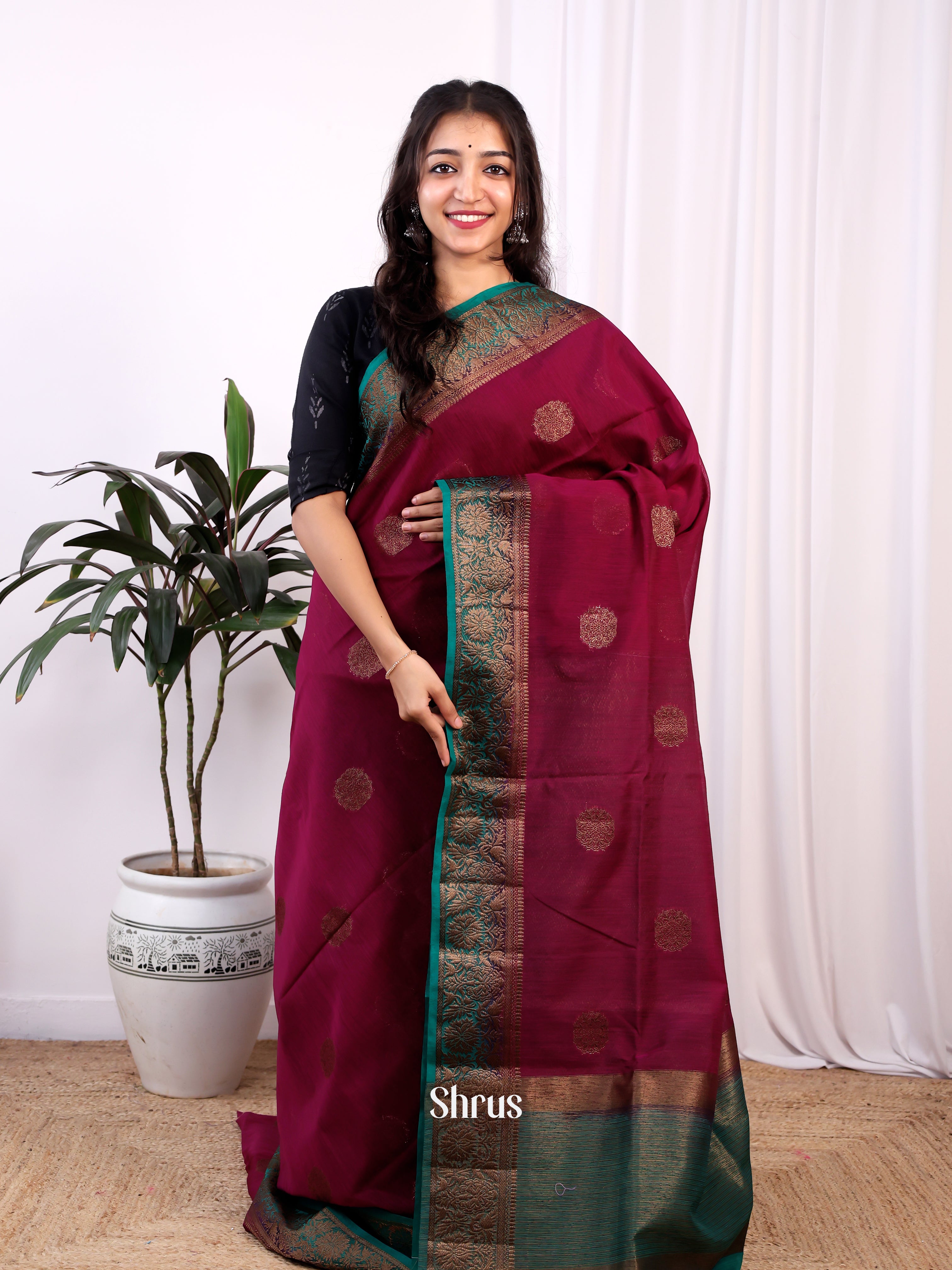 Maroon & Green -Semi Jute Saree - Shop on Shrus.com