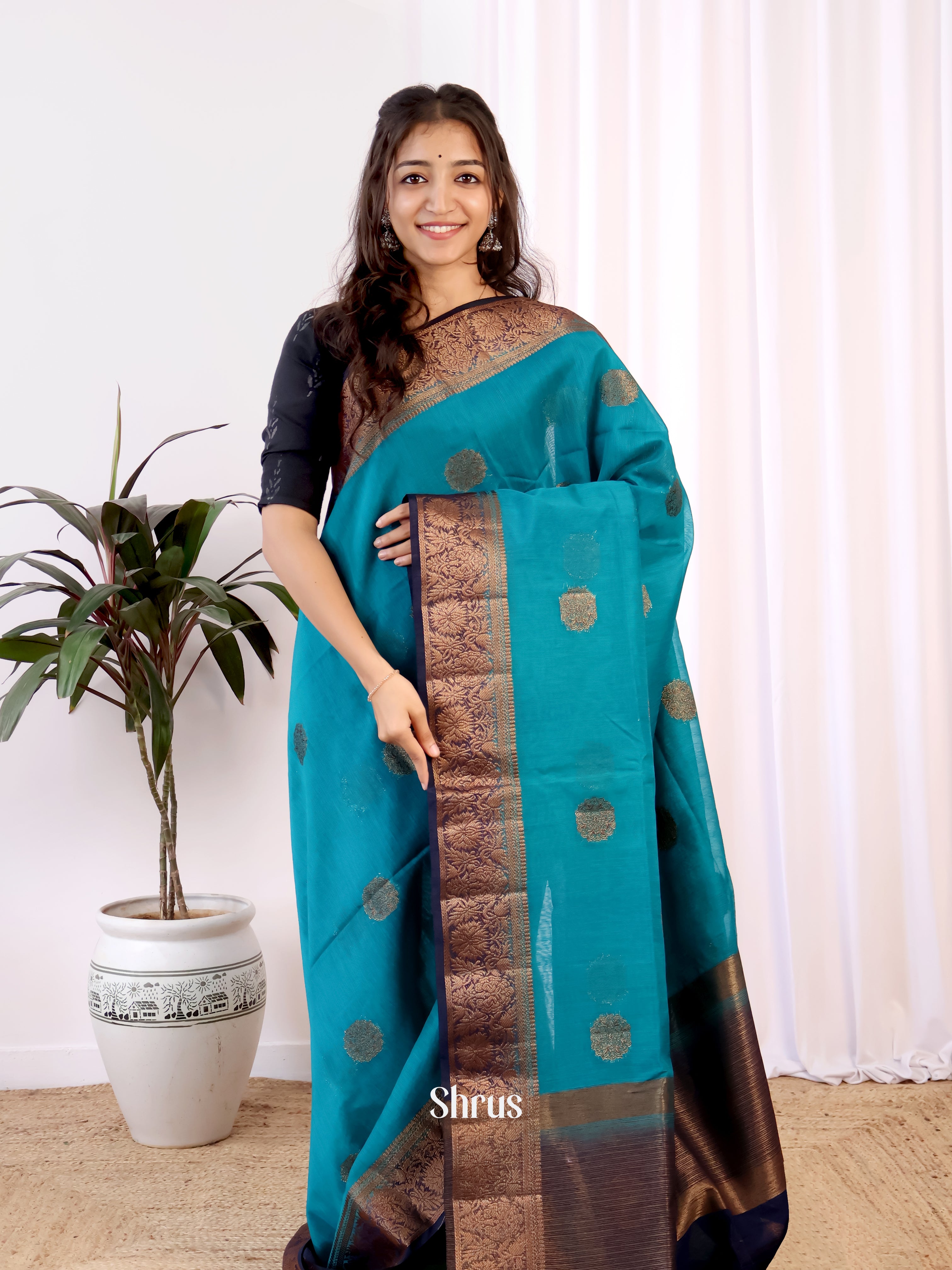 Teal & Blue- Semi Jute Saree - Shop on Shrus.com