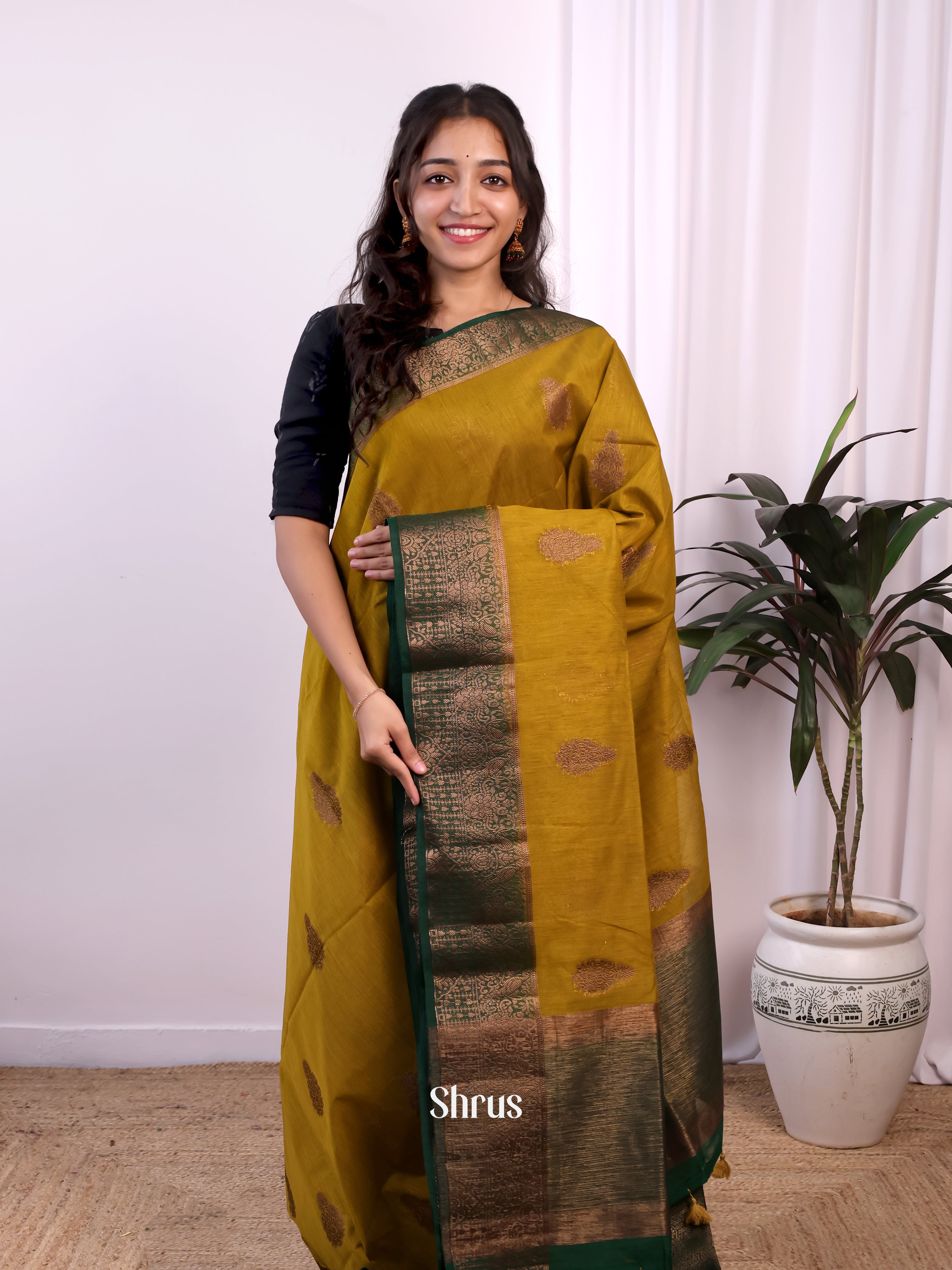 Mustardy Green & Green- Semi Jute Saree - Shop on Shrus.com
