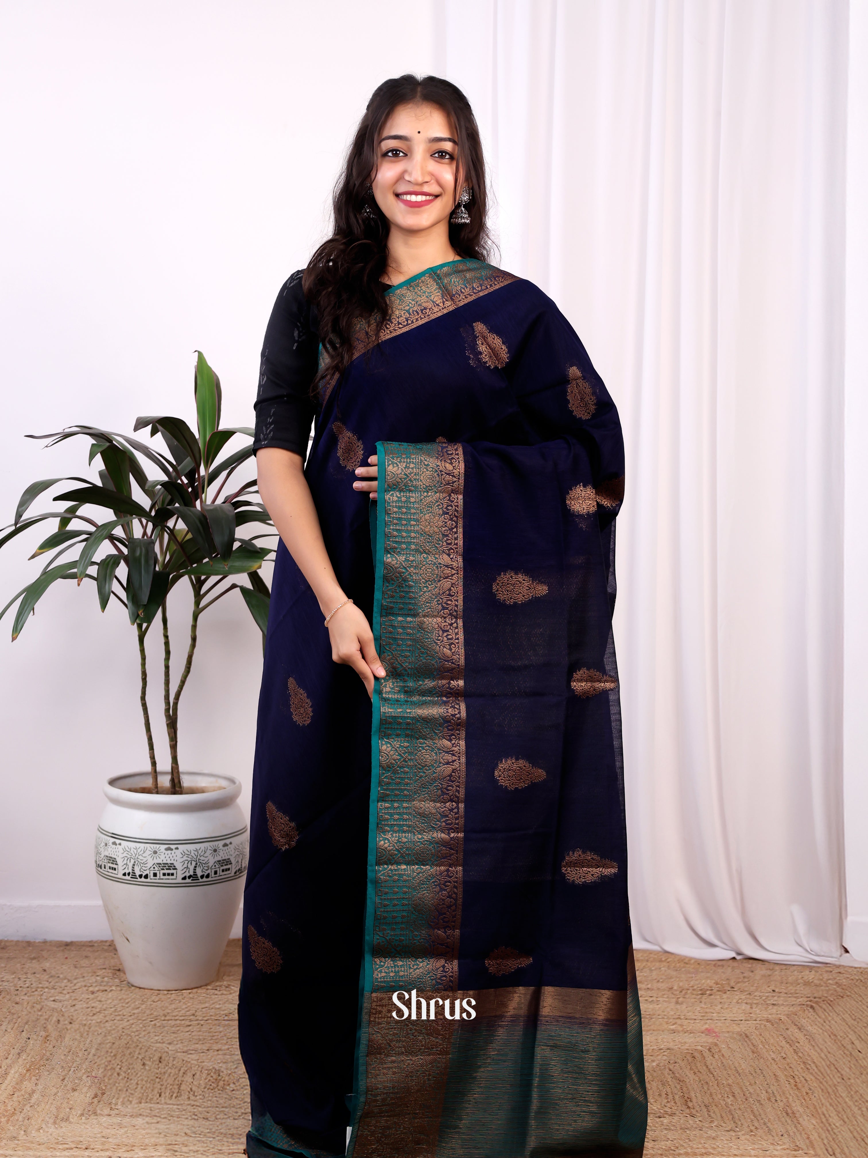 Blue & Teal -Semi Jute Saree - Shop on Shrus.com
