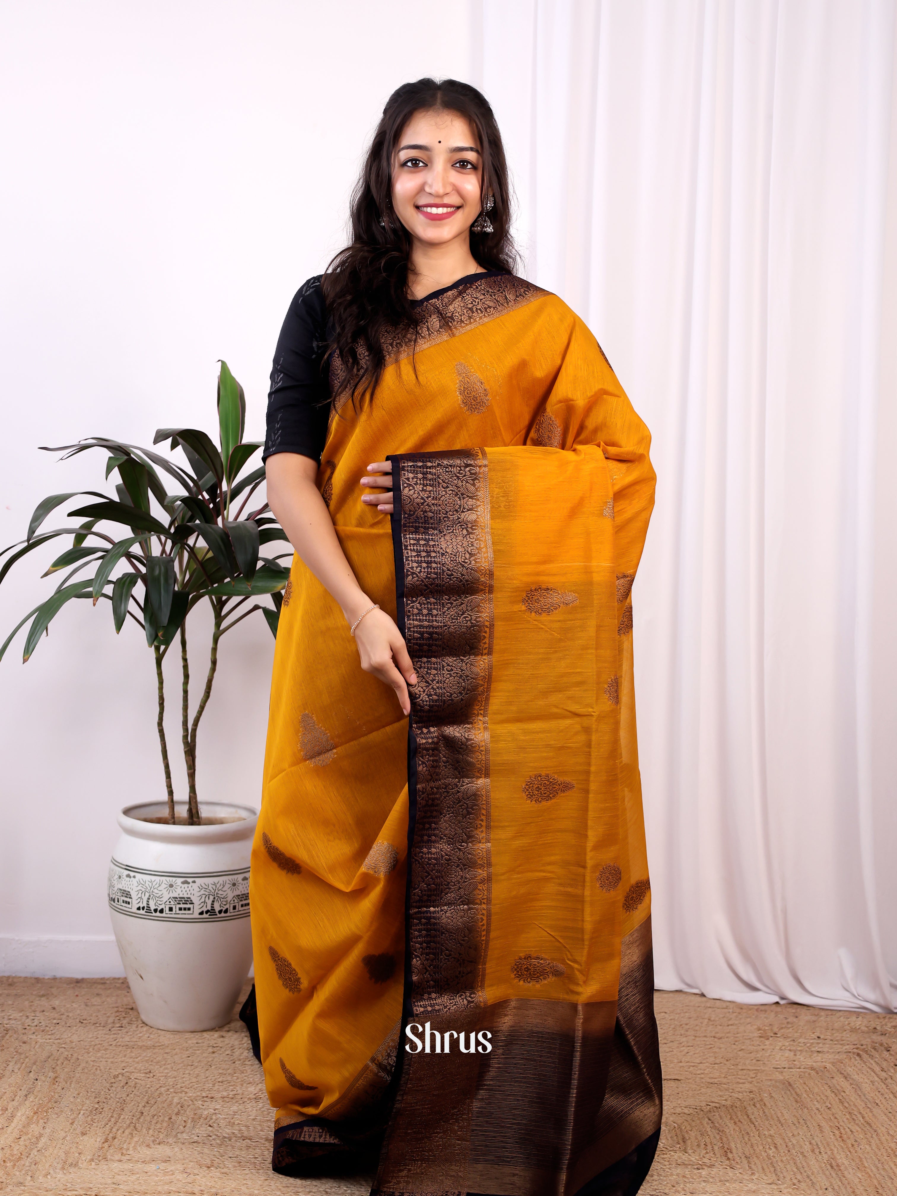 Mustard & brown -Semi Jute Saree - Shop on Shrus.com