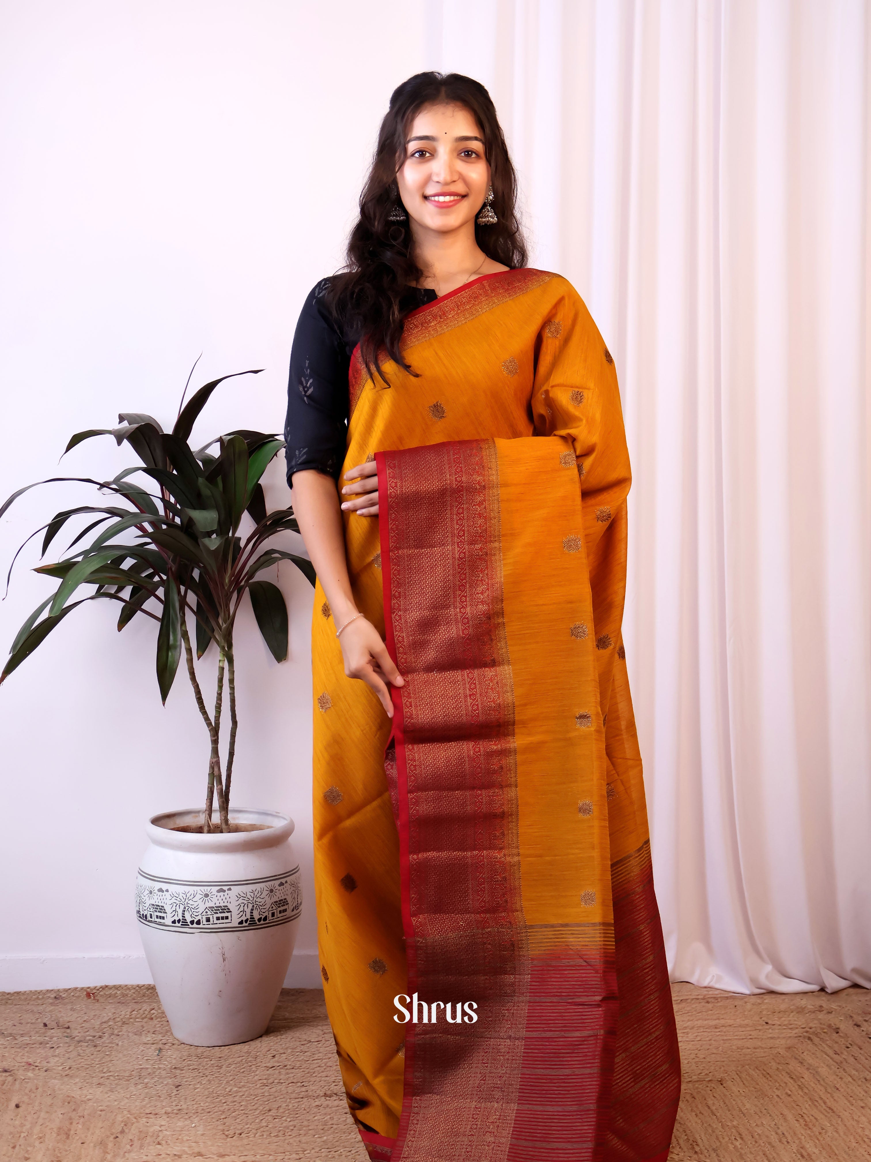 Orange & Maroon - Semi Jute Saree - Shop on Shrus.com