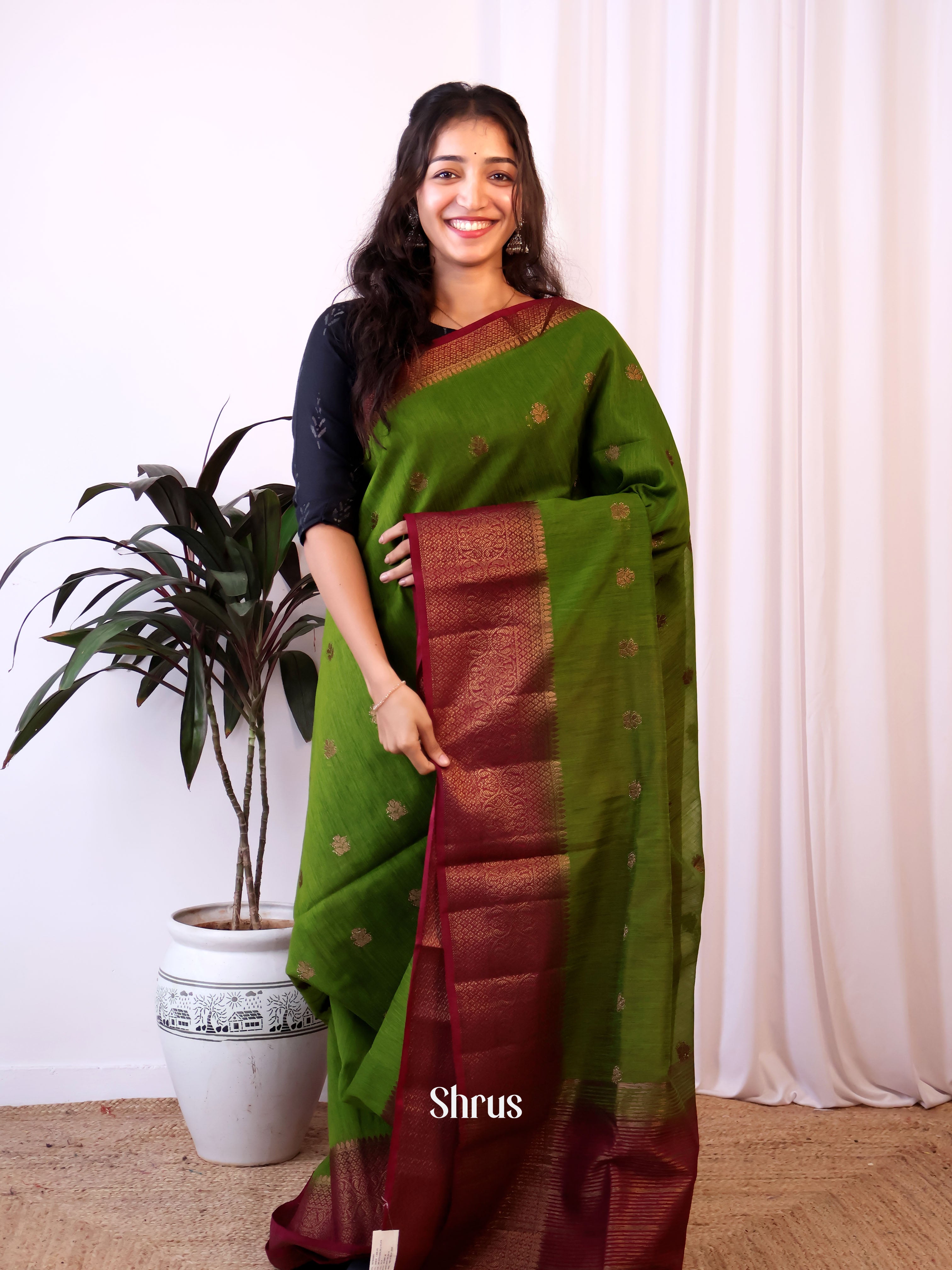 Green & Maroon - Semi Jute Saree - Shop on Shrus.com