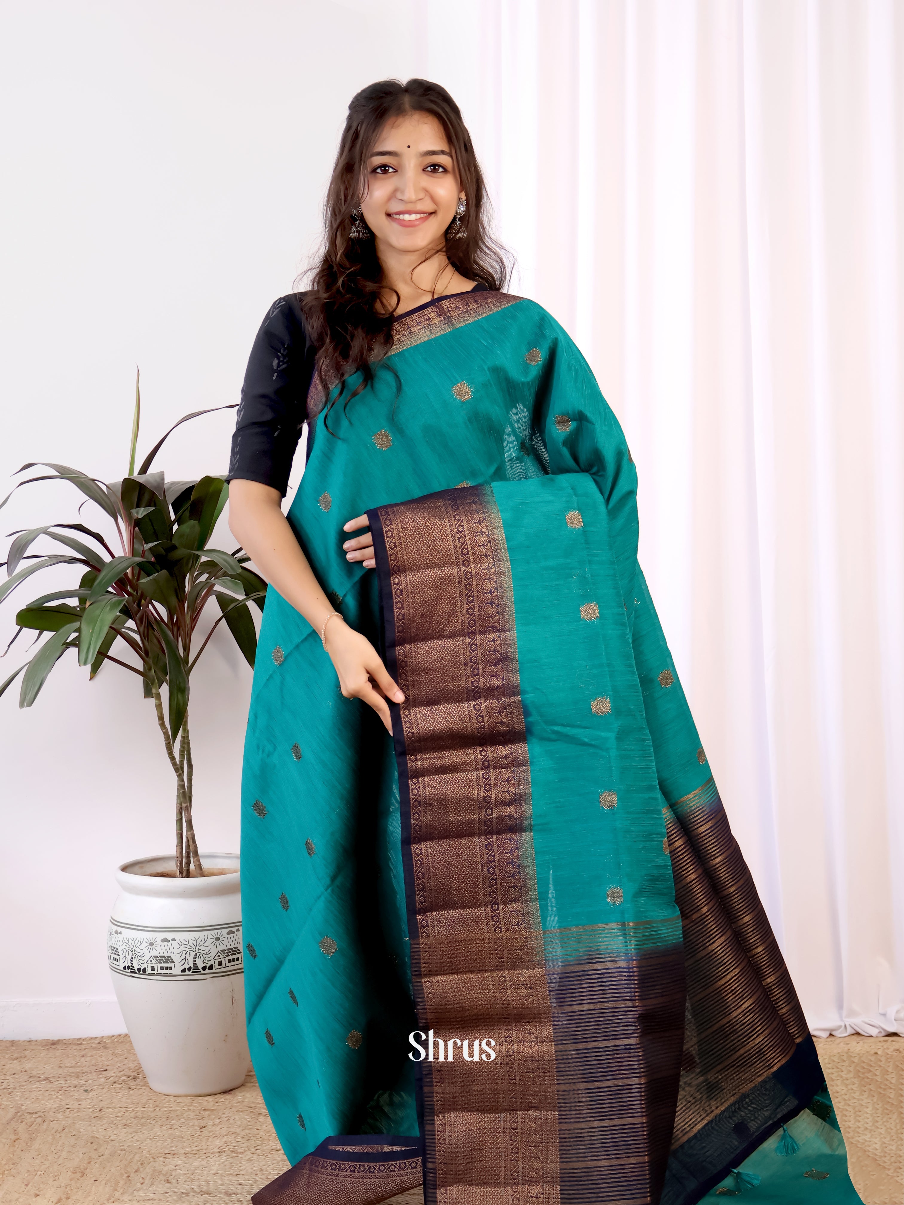 Teal & Blue- Semi Jute Saree - Shop on Shrus.com