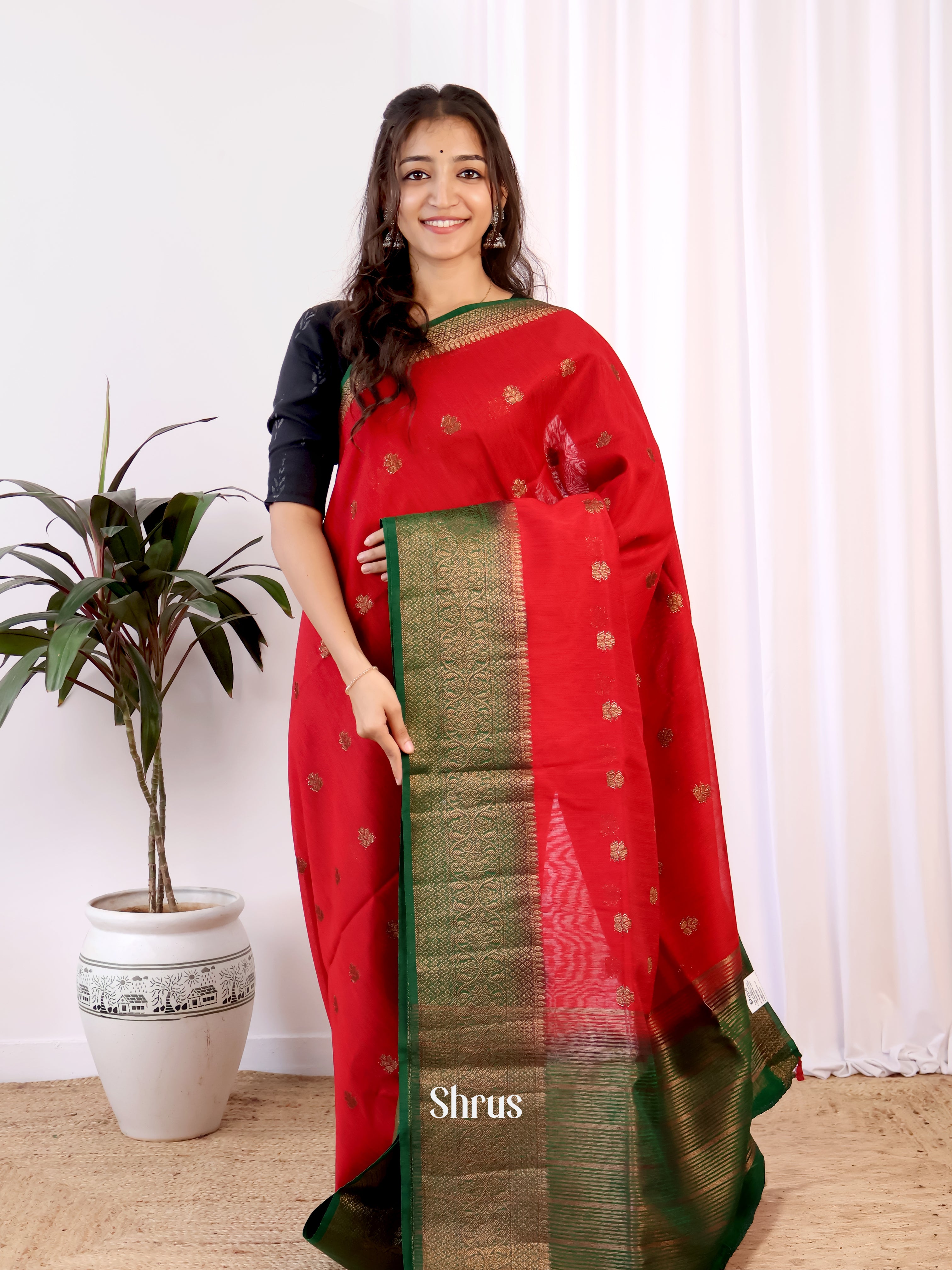 Red & Green - Semi Jute Saree - Shop on Shrus.com