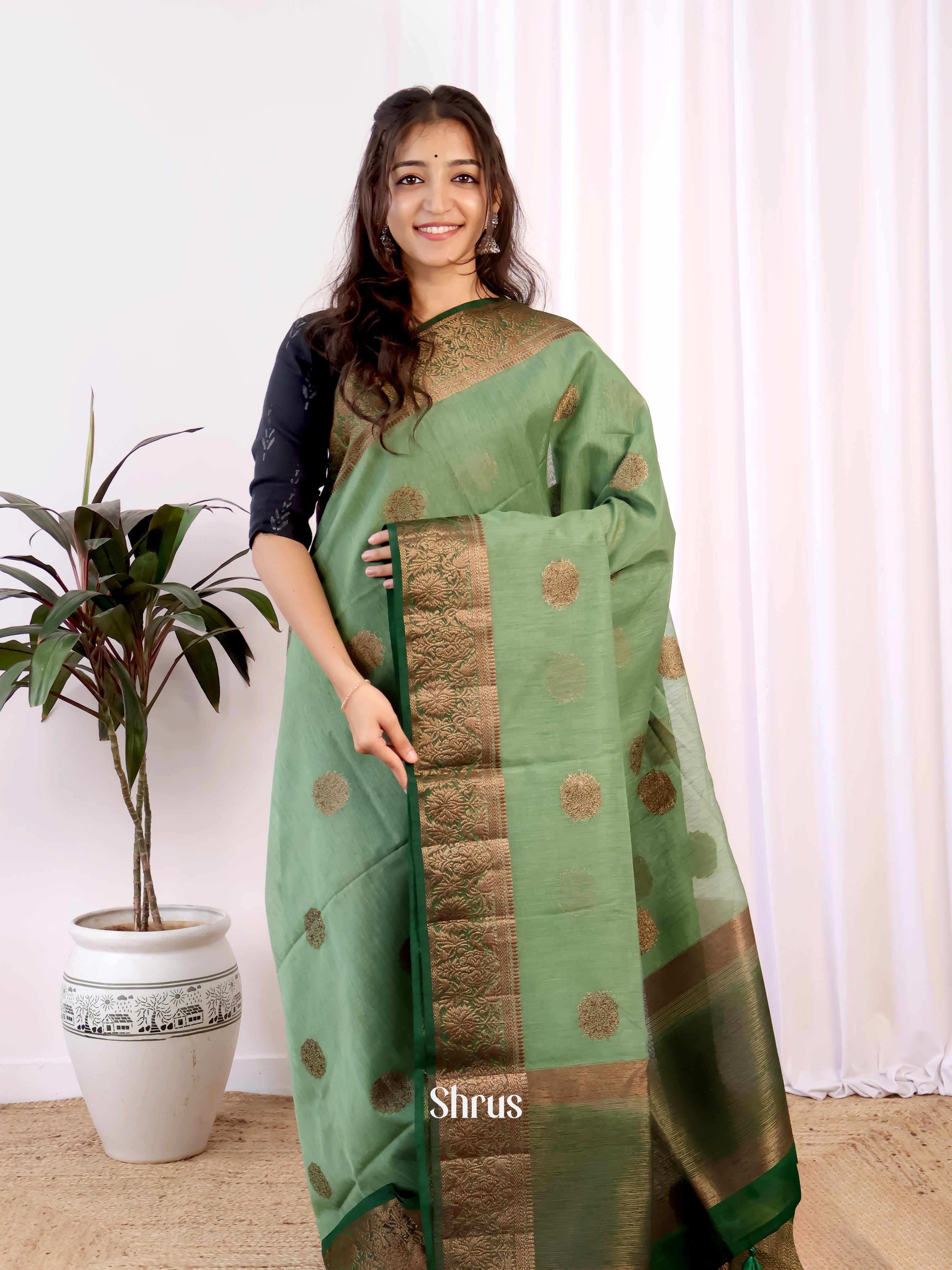 Mint Green & Green - Semi Jute Saree - Shop on Shrus.com