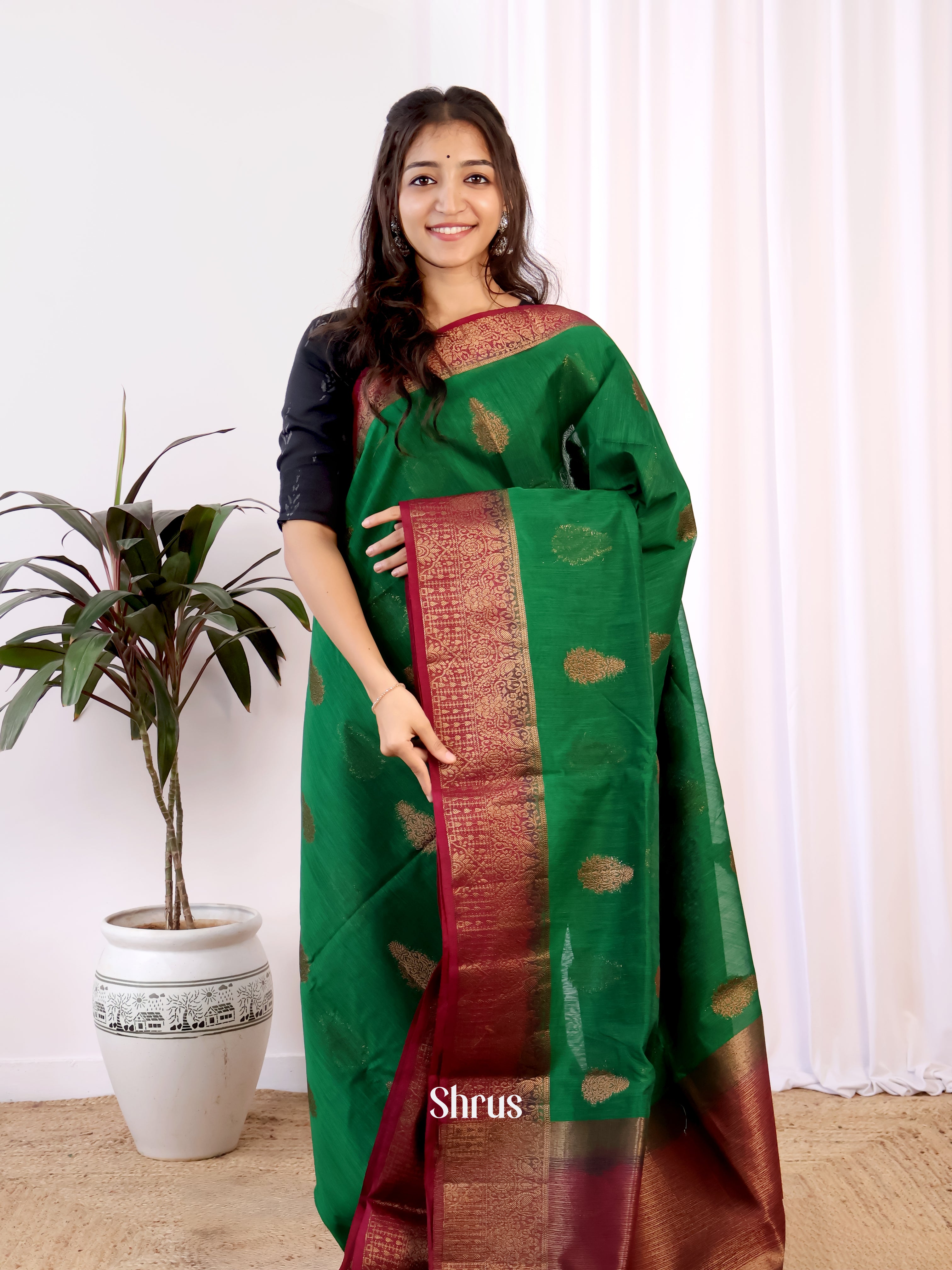 Green & Maroon- Semi Jute Saree - Shop on Shrus.com