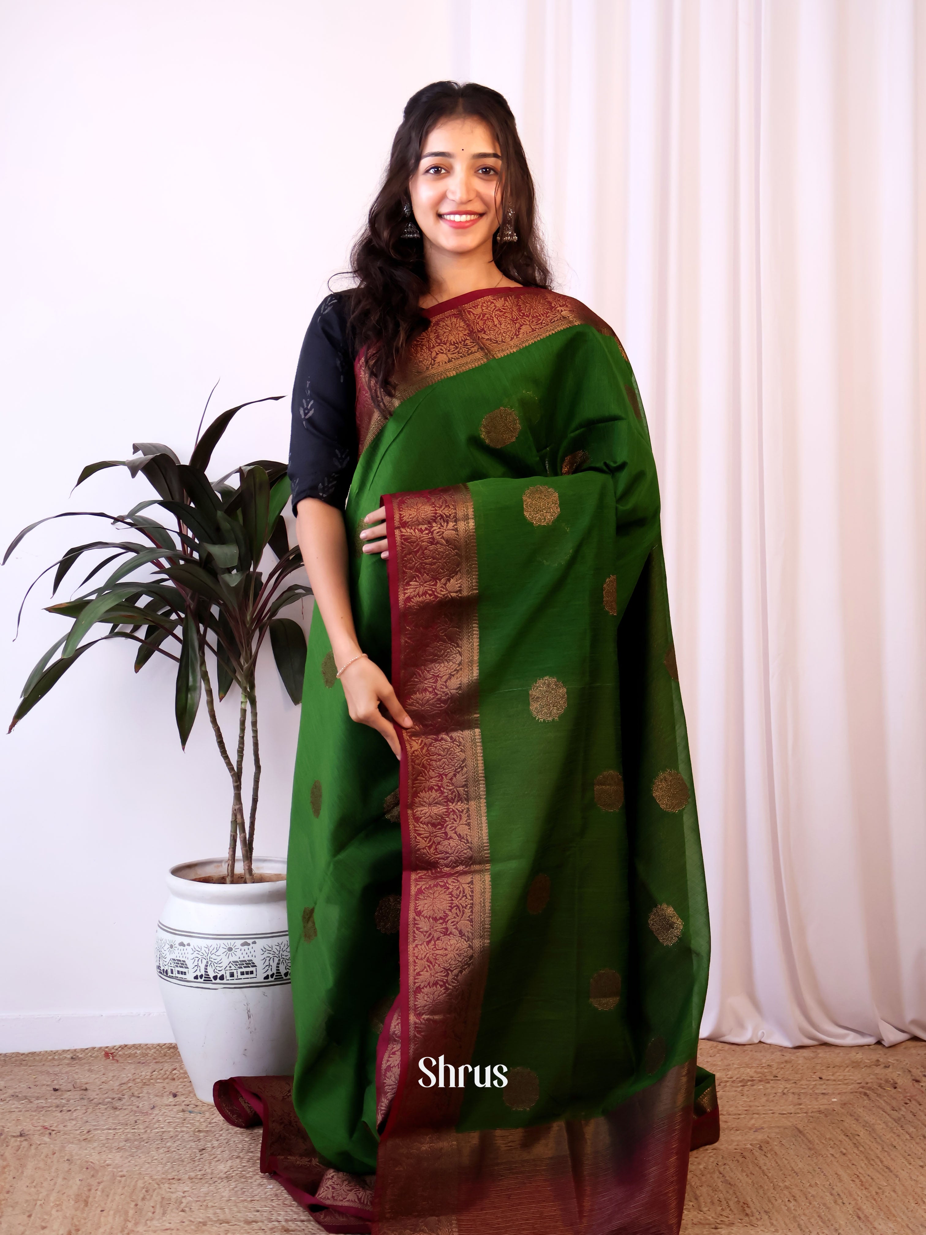 Green & Maroon - Semi Jute Saree - Shop on Shrus.com